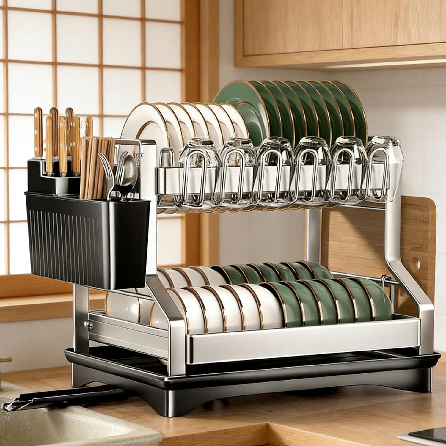 2 Tier Dish Racks for Kitchen Counter and Sink, Large Dish Drying Rack with Drainboard & Utensil Holders, Stainless Steel Dish Drainers, Kitchen Organization and Storage (2)