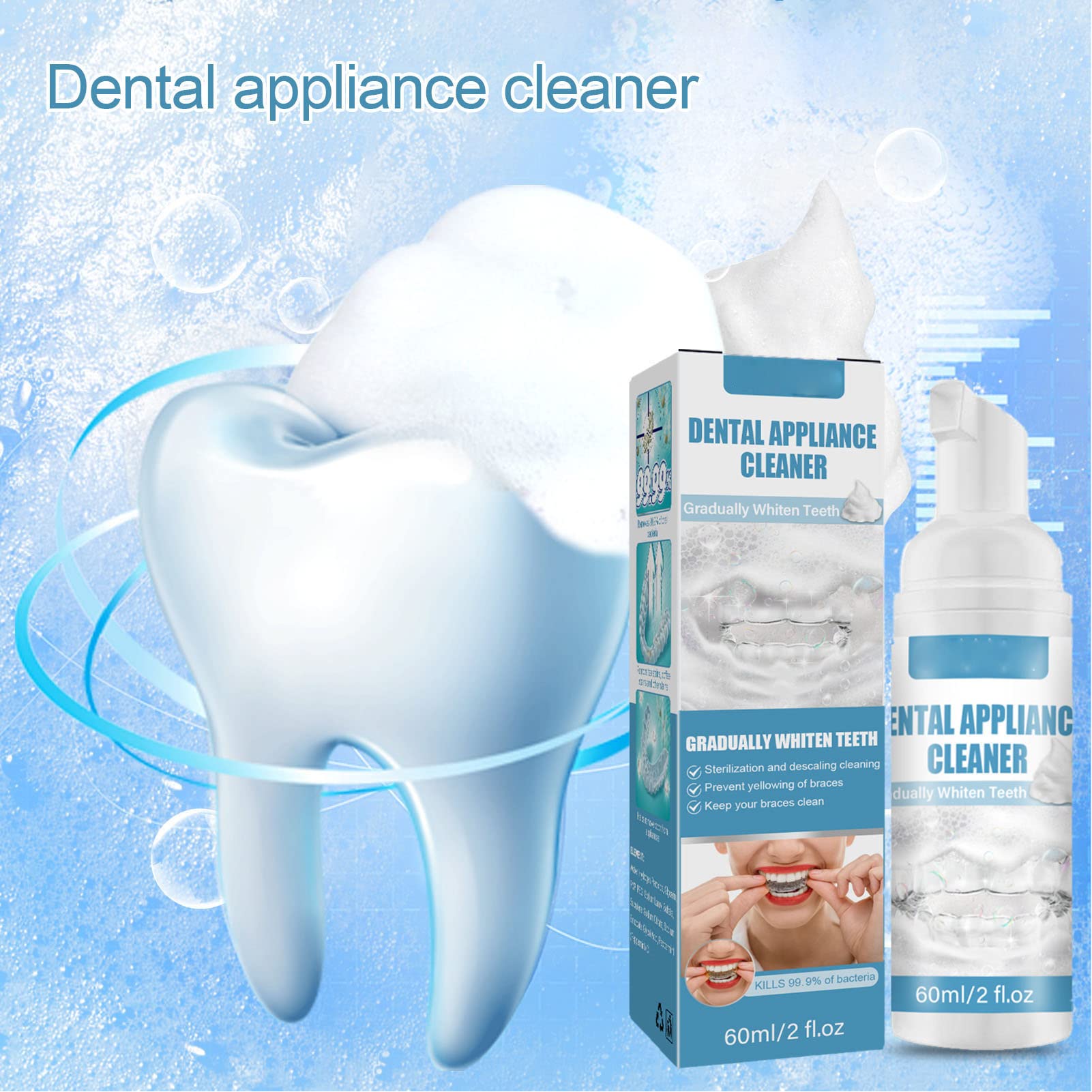 2 Uds 60ml Limpiador De Aparatos Dentales Limpiador De Retenedor De Fragancia Duradera Eliminación De Olores De Espuma Suero De Eliminación De Manchas De Dientes Falsos Para Alineadores Tirantes De Re