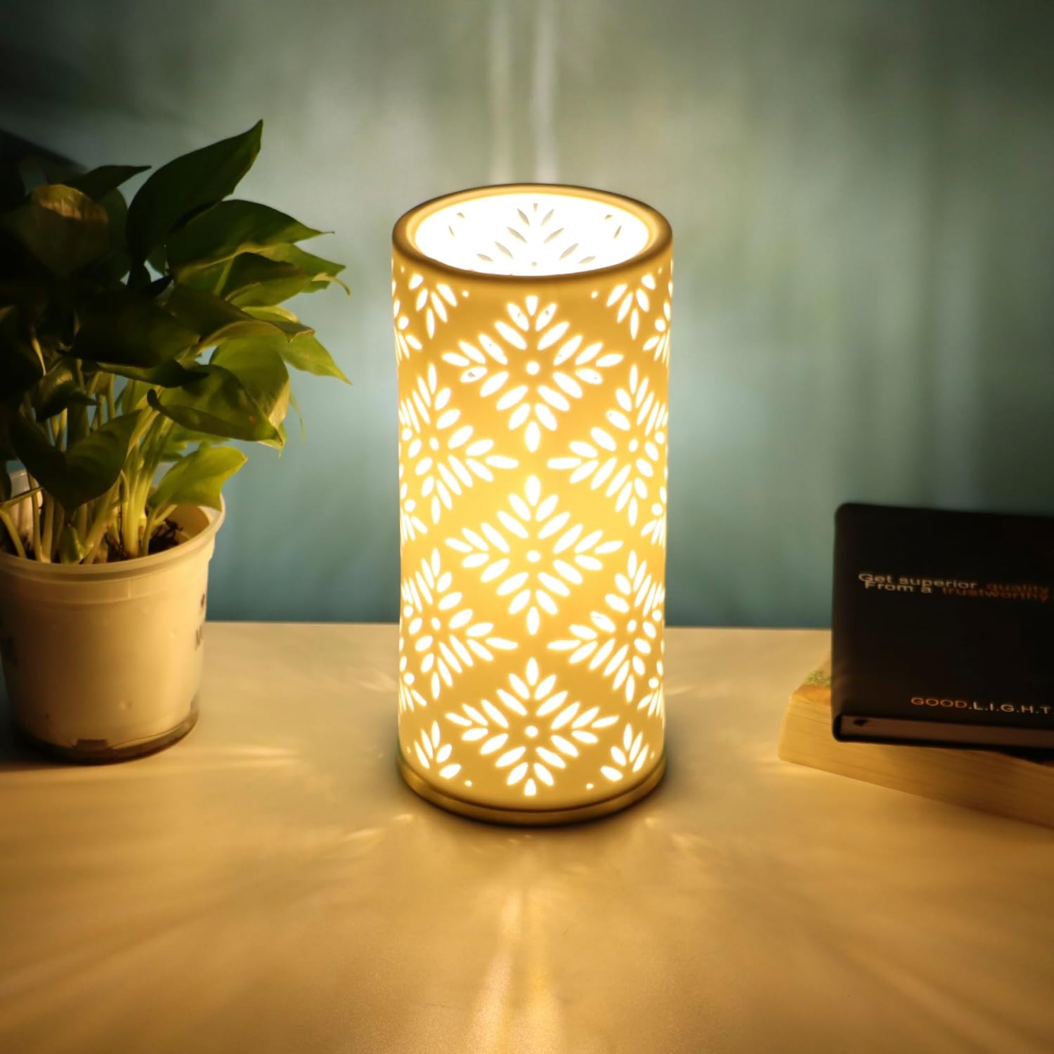 Small Modern Ceramics Bedside Table Lamp, 4.5 x 4.5 x 9.75 Inch White Geometry Style Nightstand Lamps, Side Table Lamps for Bedroom Living Room Entryway Table Light