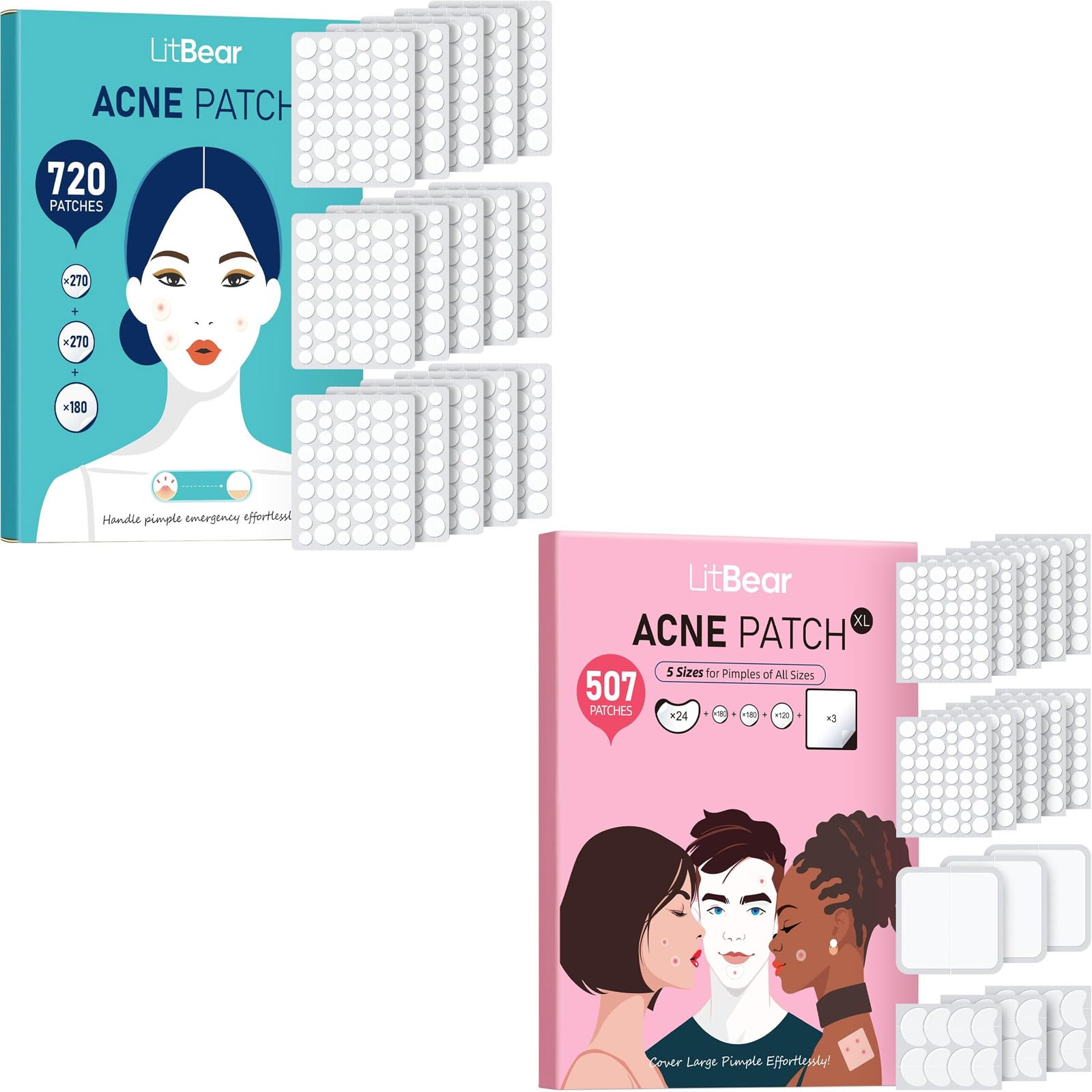 Pimple Patch Bulk 720 Patches 3 Size and LitBear Pimple Patches for Face 5 Sizes 507Patches