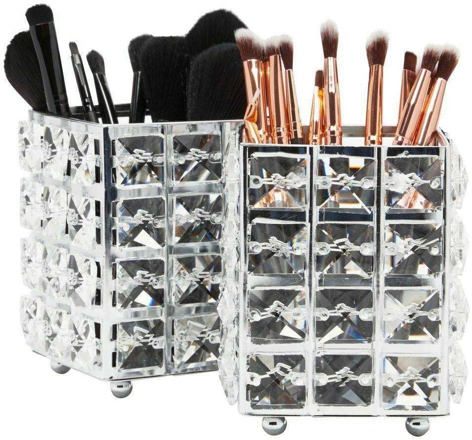 LKOP Makeup Brush Holder, Glass Organizer (3.2 x 3.2 x 4.5 in, Silver, 2 Piece) Cosmetic-display-cases Makeup organizer Bathroom organizer Makeup bag Storage cabinet Bathroom storage Makeup vani
