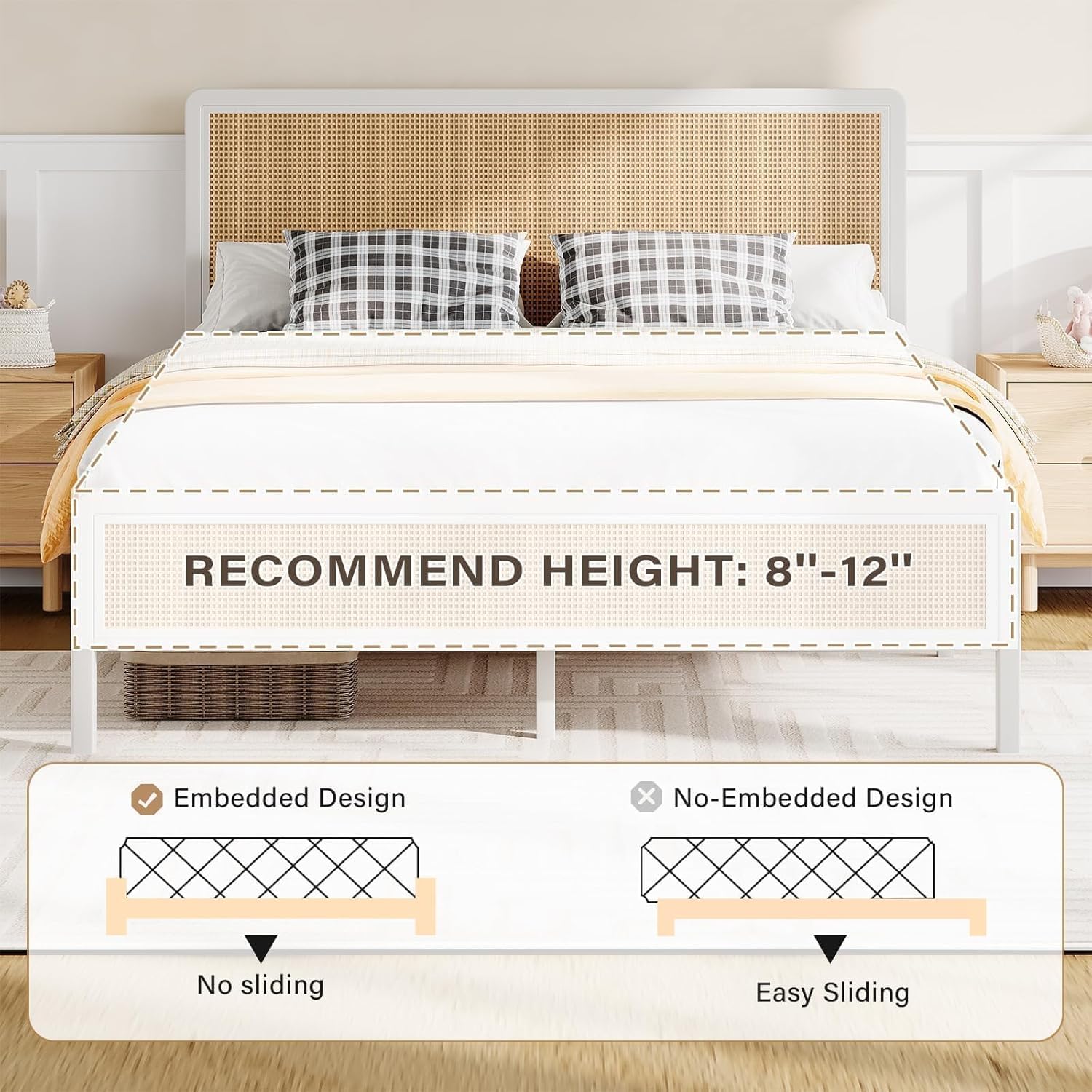 Diagram illustrating recommended mattress height and embedded design for mattress stability