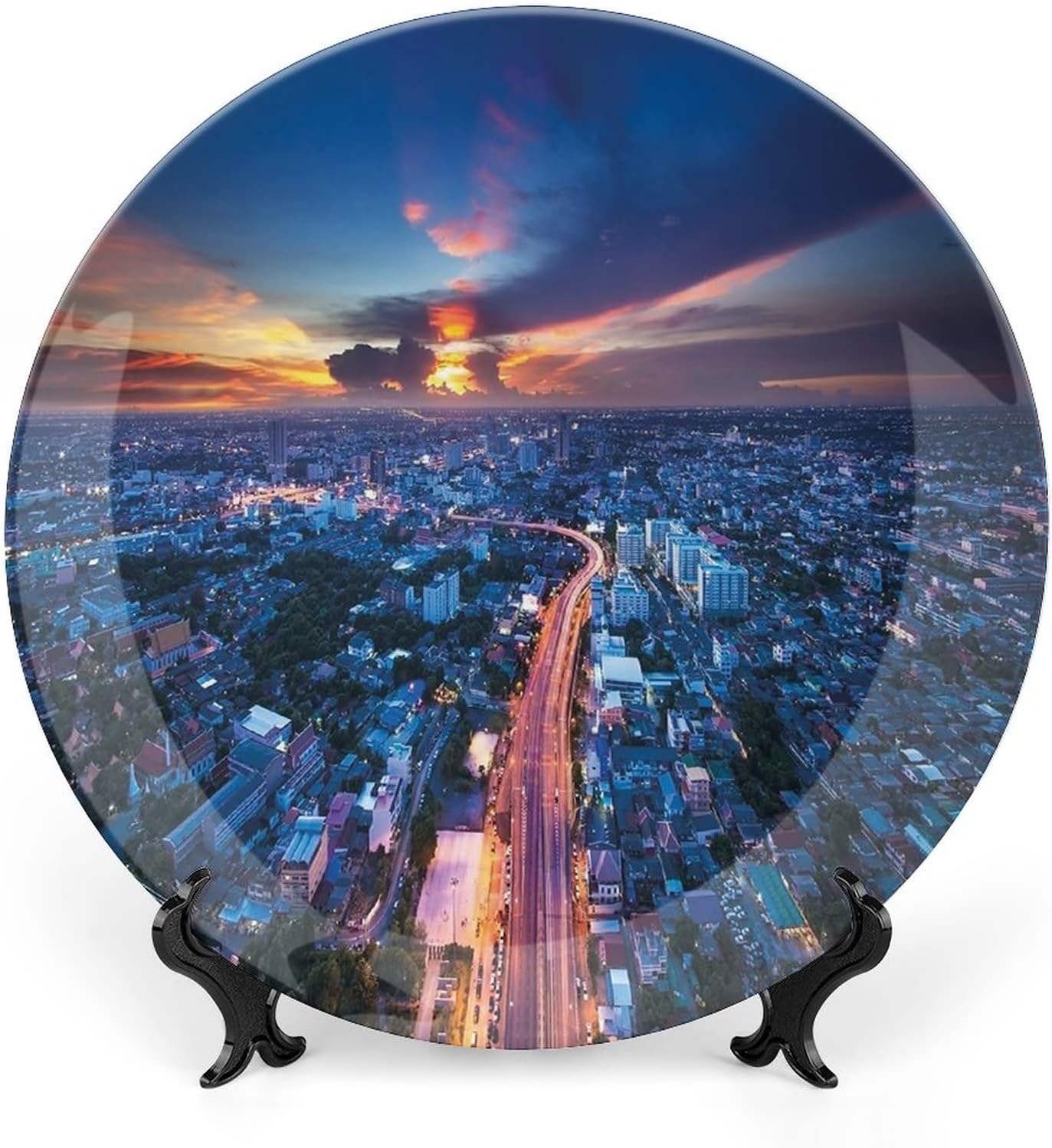 XISUNYA 7 Inch Decorative Plate, Urban Ceramic Stoneware, Pedestrians on Busy Street with Buildings Modern Cityscape Print Ceramic Wall Hanging Decor Accessory for Dining Table Tabletop Home Decor