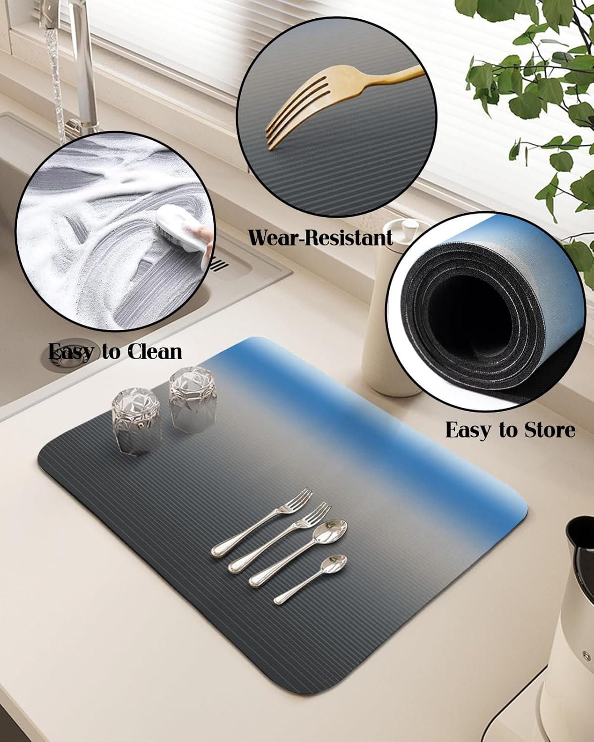 Blue Grey Ombre Dish Drying Mat for Kitchen Counter, Super Absorbent Quick Dry Coffee Bar Mat Pad Thin Diatomaceous Sink Mat Non Slip Dish Drainer Mat 16''x24'' Modern Geometric Striped Abstract Art