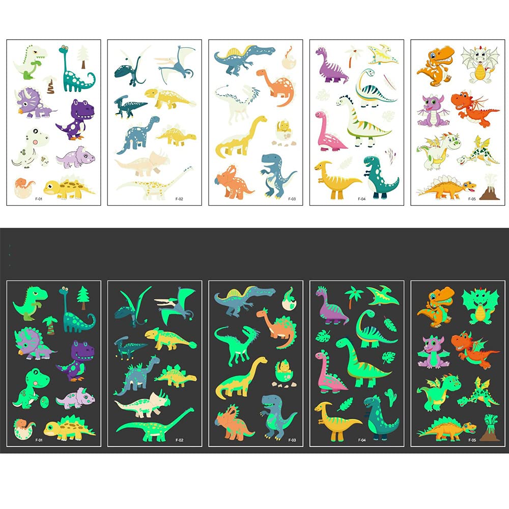 5 Sheet Fluorescence Temporary Tattoos for Kids Luminous Tattoos Stickers Cartoon Theme Fake Tattoos for Children Boys Girls Birthday Gift Party Supplies Decorations Prizes (Jurassic Dinosaur World)