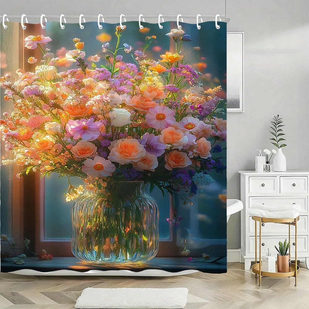 Kolorowa zasłona prysznicowa z bukietem kwiatowym, wodoodporna zasłona do wanny z jasnymi kwiatami w szklanym wazonie i światłem słonecznym (215 x 175 cm/tkanina)