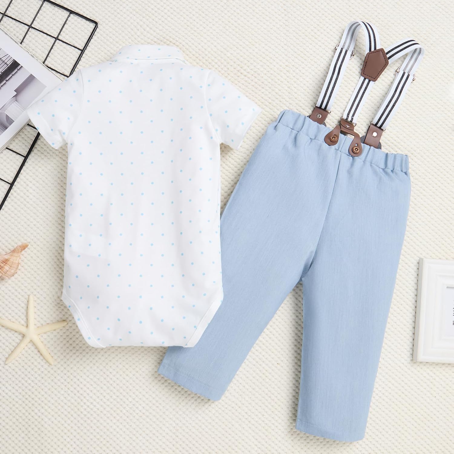 Baby Boy Clothes Gentleman Outfits Infant Bodysuit Short Sleeve Shirt with Bowtie Suspender Pants Suits Set 0-18M - Image 5
