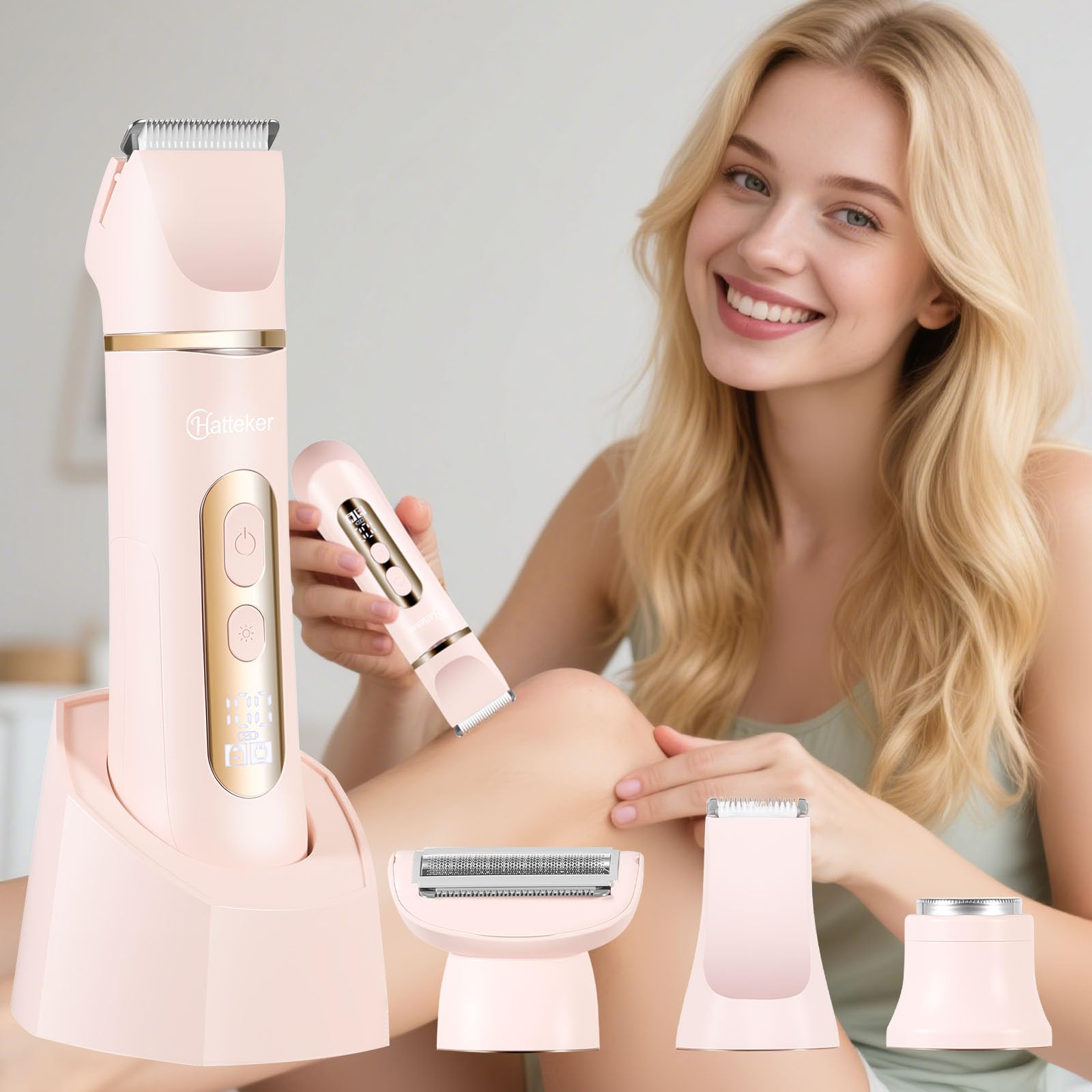 Maquinilla de afeitar eléctrica 4 en 1 para mujer, IPX7, impermeable, para piernas, brazos, facial y axilas, inalámbrica (rosa)