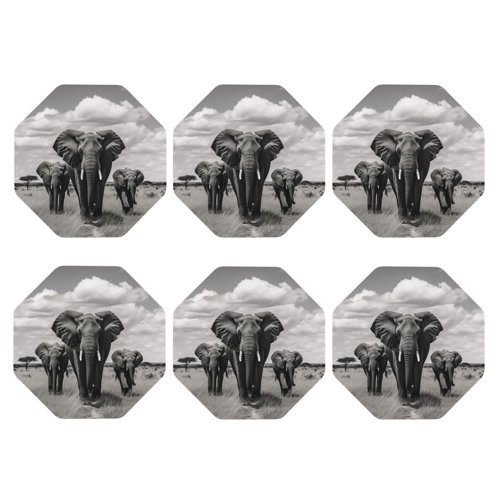 Coasters Set of 6 Waterproof Non-Slip Leather Drink Coasters Round Mug Mat Elephant Walking Coasters for Drinks Tabletop Protection Cup Pad for Coffee Table Bar Home Decor