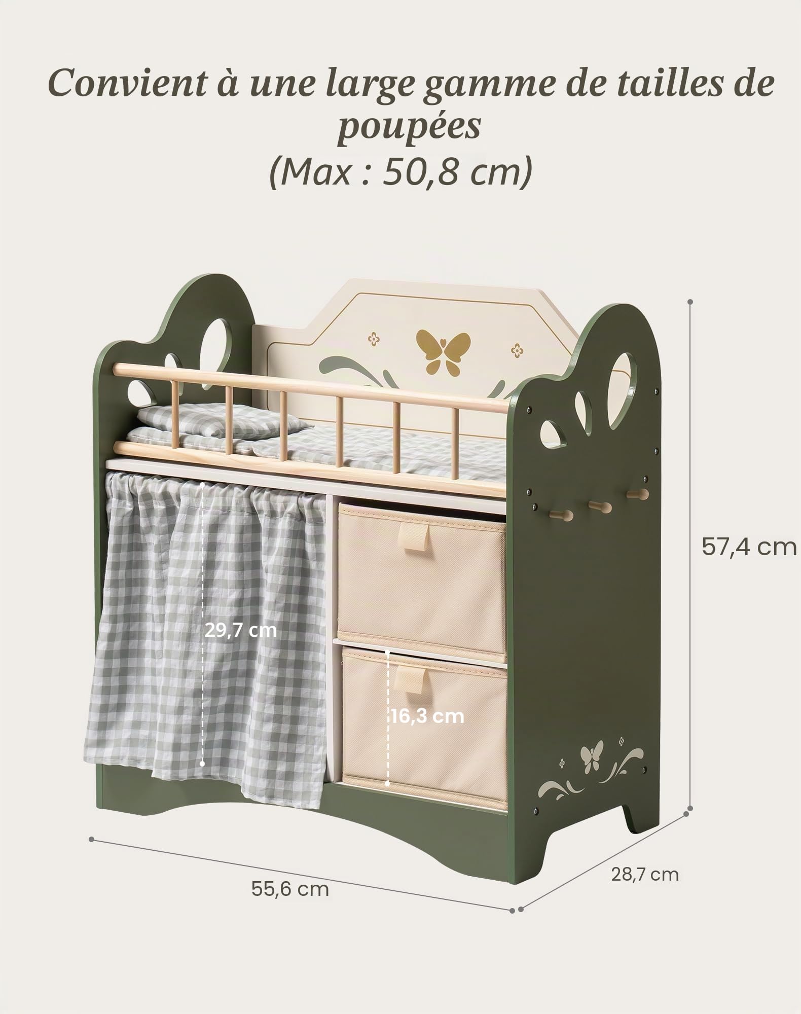 ROBUD Lit de poupée en bois avec armoire, linge de lit, espace de rangement et crochets, pour poupées jusqu'à 51 cm, cadeaux pour filles à partir de 3 ans (vert)