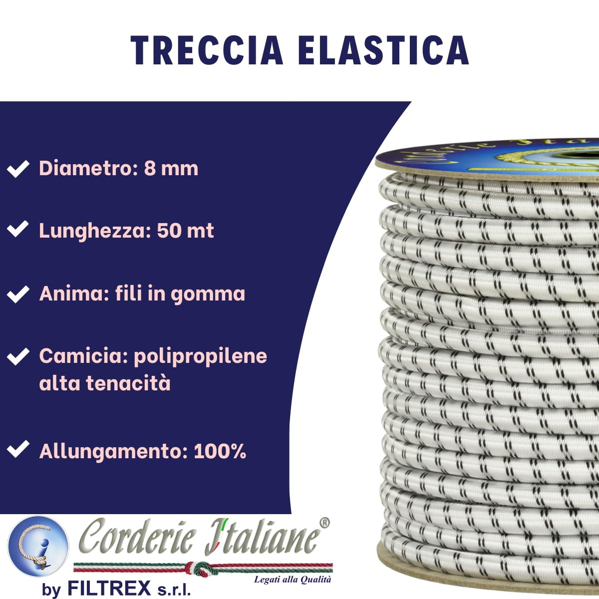 Corderie Italiane 006005087 Treccia elastica bianca 8 mm - 50 mt