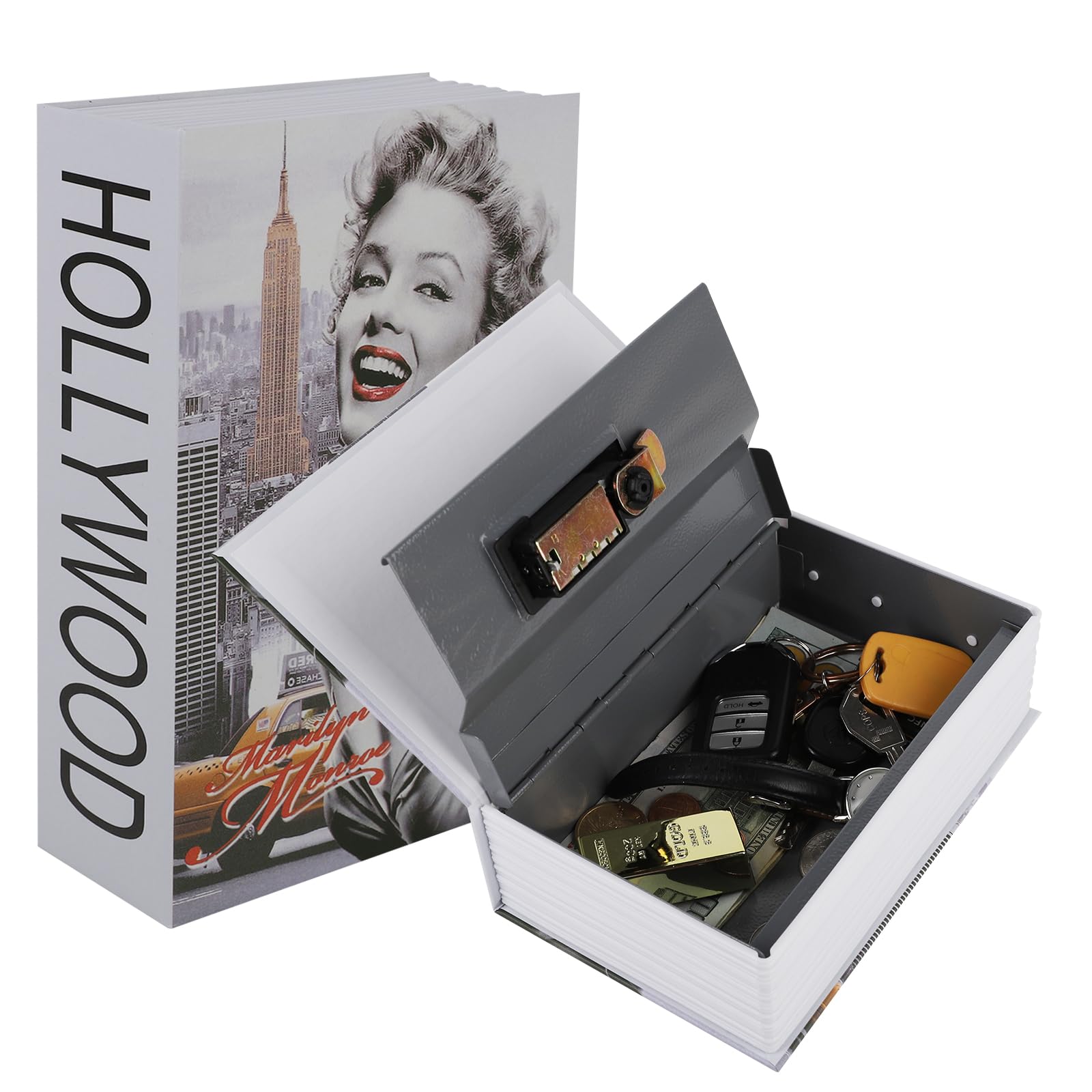 BeBesta Diversion Book Safe with Combination Lock(2.2''D*4.7''W*7.1''H),Money Hiding Box,Collection Box,Dictionary Diversion Metal Safe Lock Box (white small)