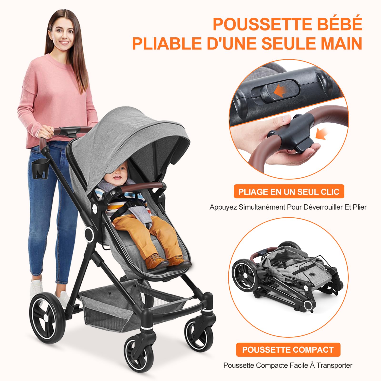 Poussette 2 En 1, Poussette Combinée Compacte Légère Pliable Avec Siège Inclinable, Landau Réglable, Poussette Bébé Confort Tout Terrain Haut Paysage, 0-3 Ans