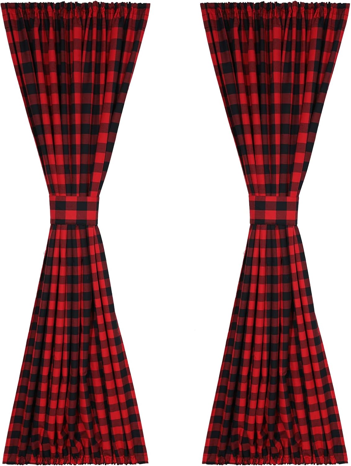 French Door Curtains Buffalo Check Window Curtains Rod Pocket Vintage Drapes for Glass Door Patio Front Door 40 inch Long 2 Panels with Tieback, Red/Black