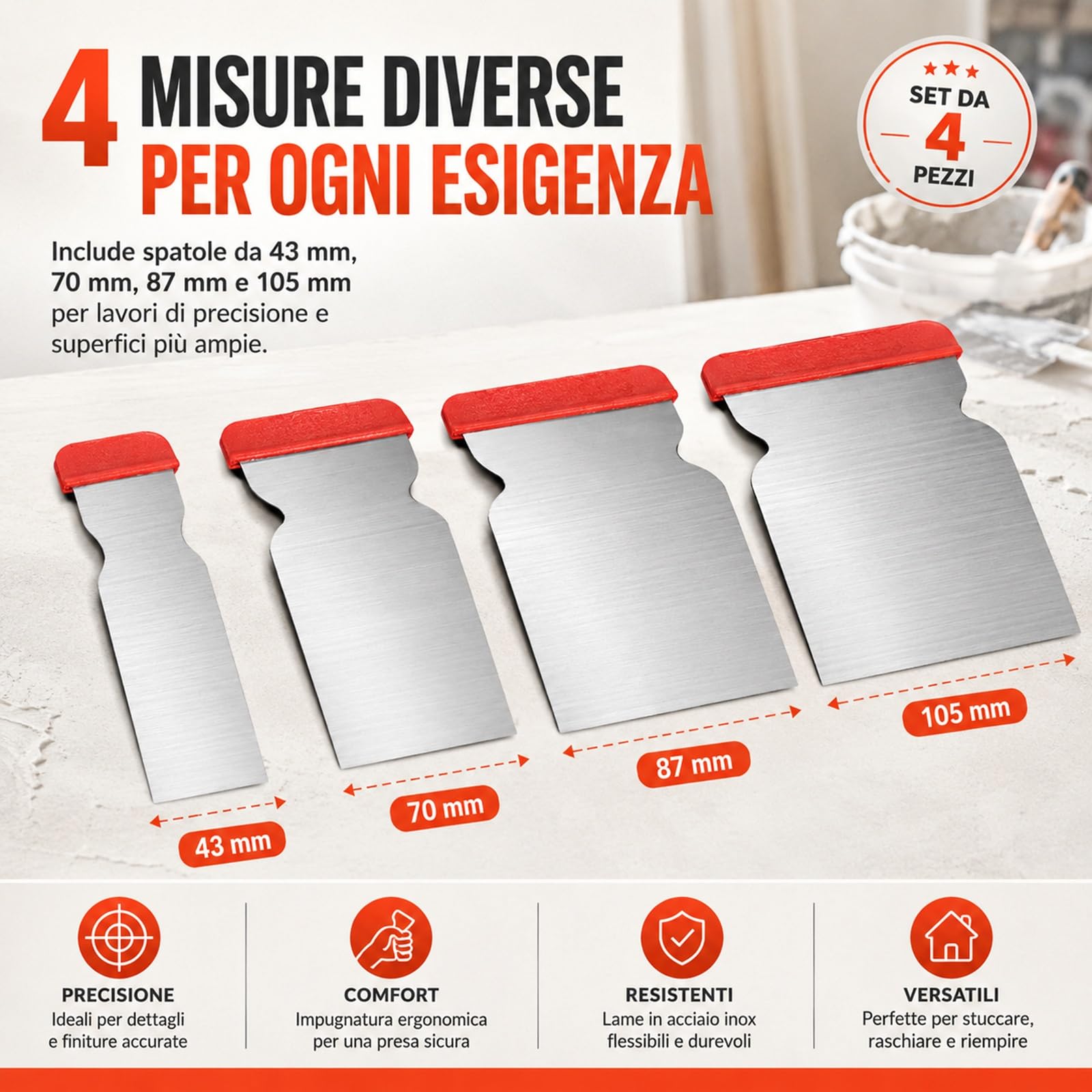 Set 4 Spatole Giapponesi in Acciaio 47/70/87/105 mm per Verniciatura Stuccatura Rasatura