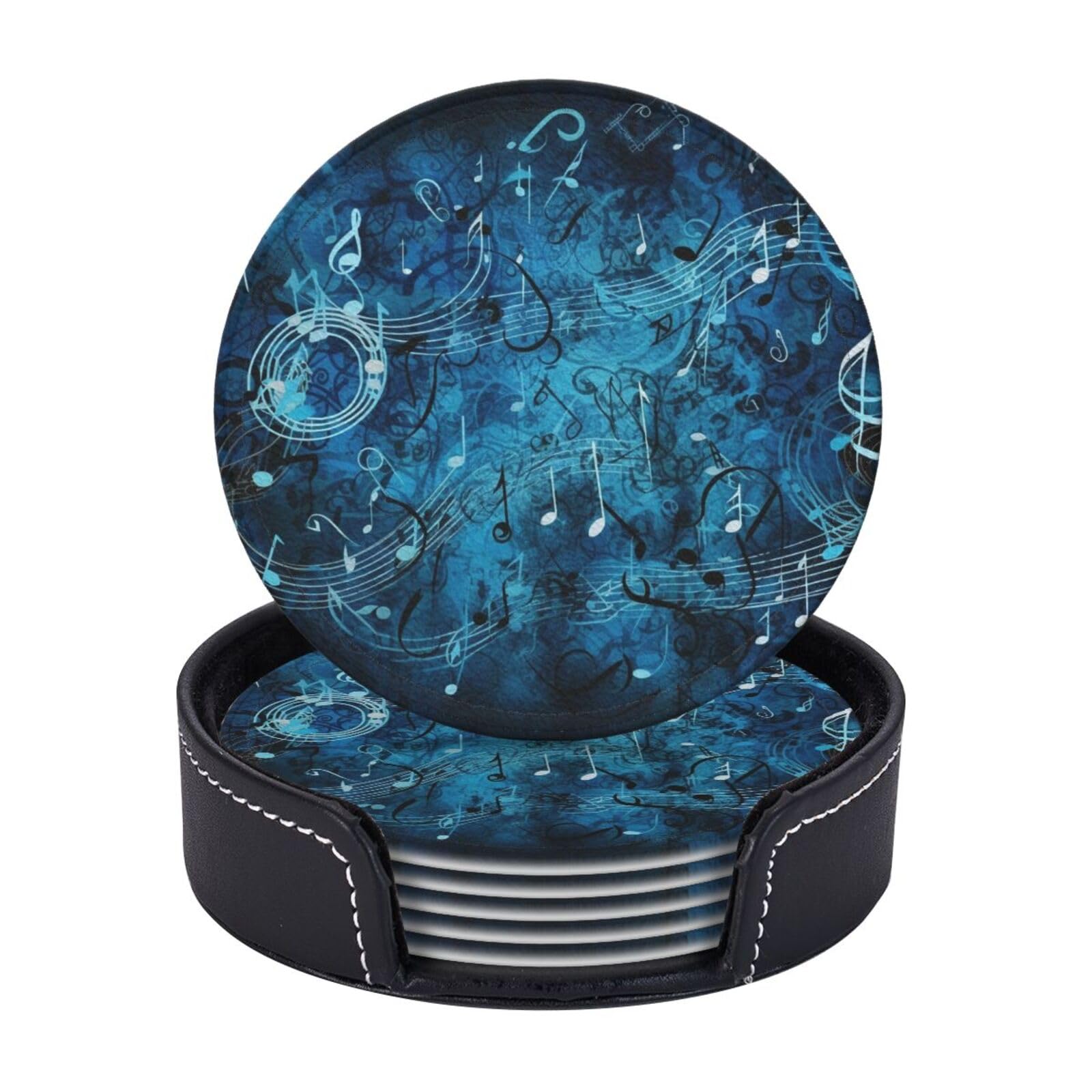 6Pcs PU Leather Coaster for Drinks, Blue Musical Notes Cup Coasters with Holder, Aesthetic Drink Coasters for Coffee Table, Round Coaster for Tabletop Protection 4" Cup Mat Pad