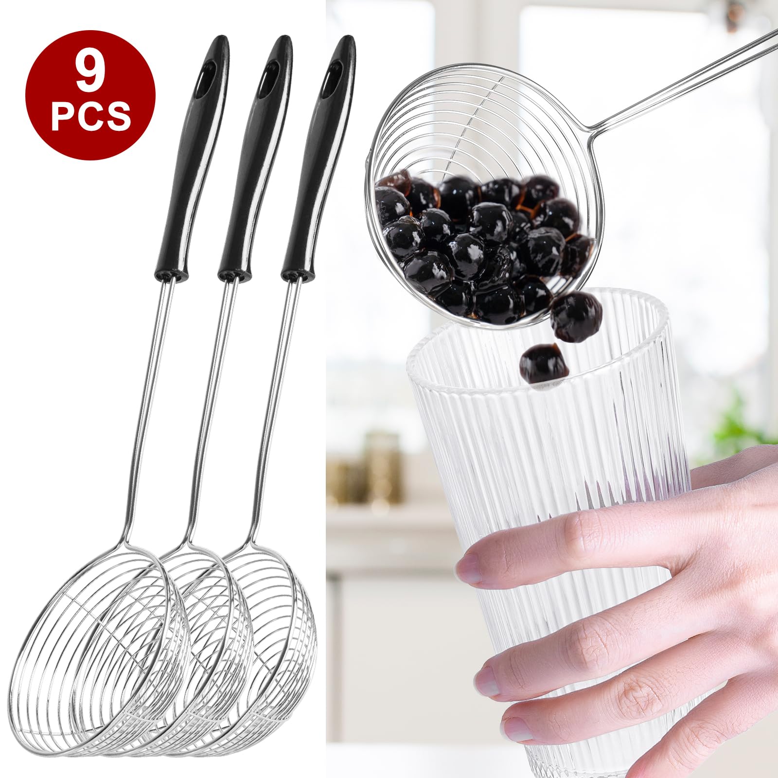 9 Pezzi Schiumarola Acciaio Inox Piccola, 8cm Piccolo Cucchiaio a Rete da Cucina, Colino a Ragno, Mestolo Colino Asiatico con Manico per La Casa e il Ristorante