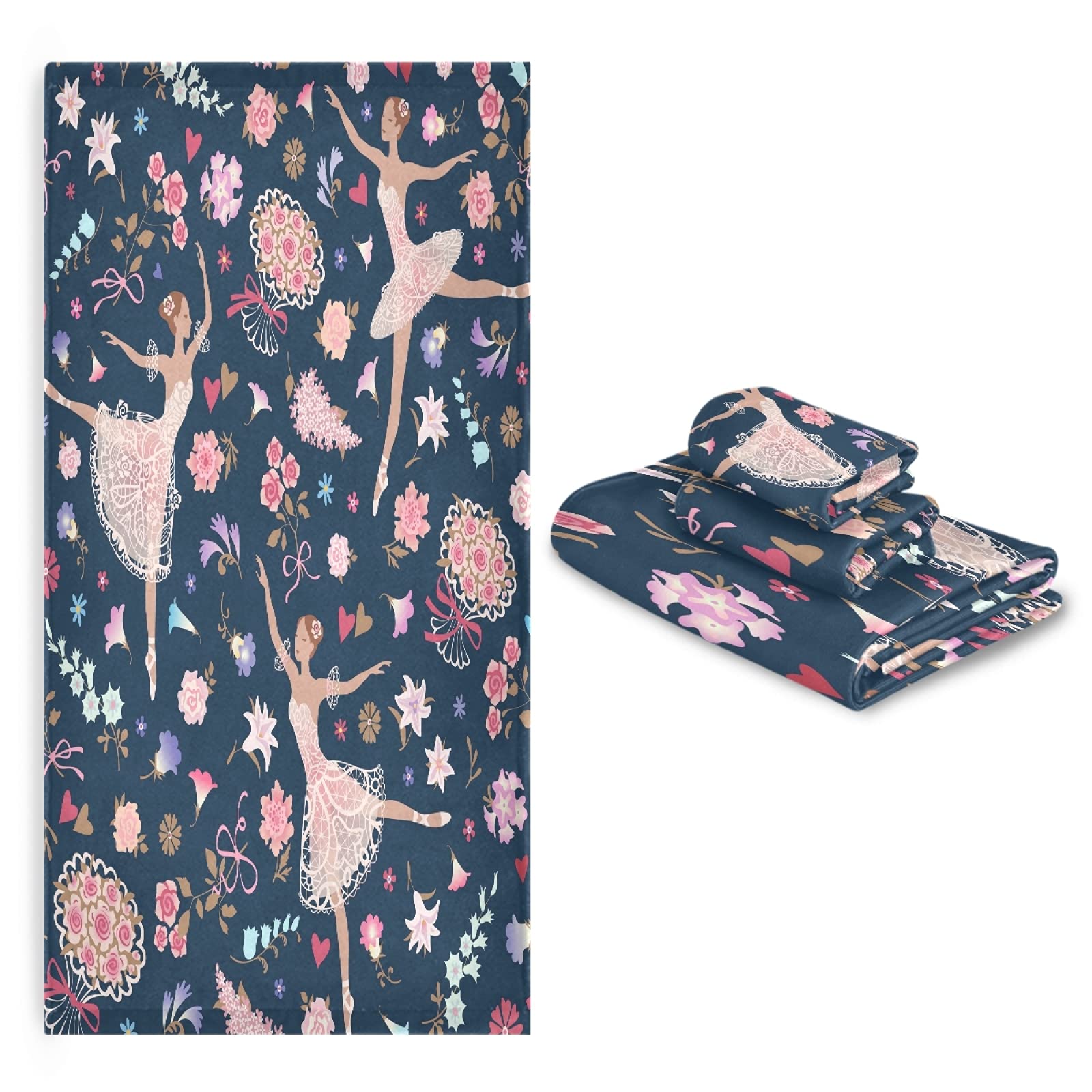 Mnsruu Juego de toallas de baño de 3 piezas con estampado floral de bailarina para baño, spa, hotel, 1 toalla de baño+1 toalla de mano+1 paño