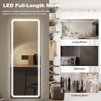GlasFlength Full Length Mirror with LED Lights, 63x20 Full Body Mirror, Free Standing & Wall Mounted Hanging Mirror with Light for Bedroom, Aluminum Frame, Dimming & 3 Color Lighting (White)