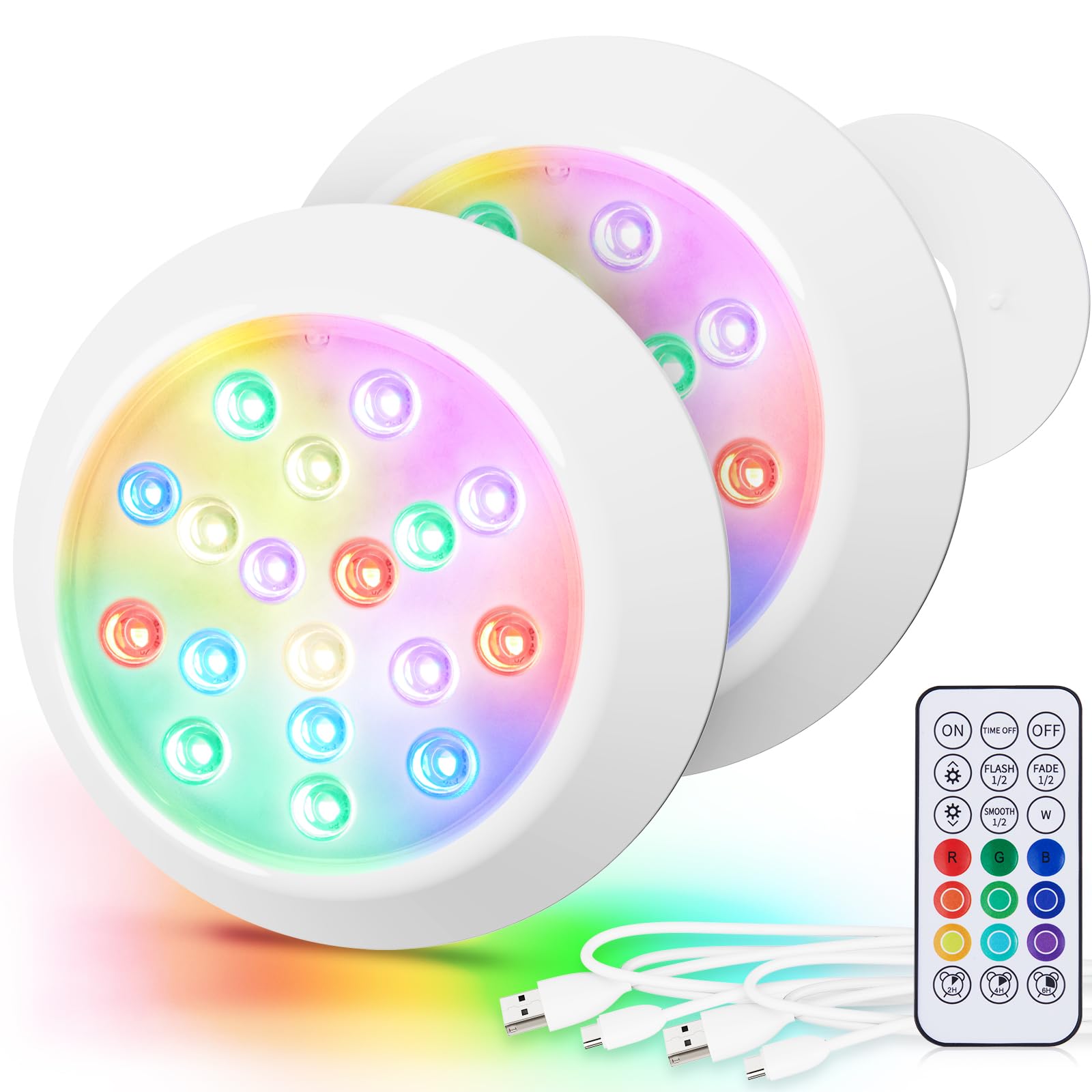 LyLmLe Magnético LED Luces Subacuáticas para Piscina, 15cm RGBW Foco Piscina Sumergible con Remoto, Alimentación USB-C Recargable, 18 LEDs Color Cambiante Piscinas Desmontables Decoración 2 Pack
