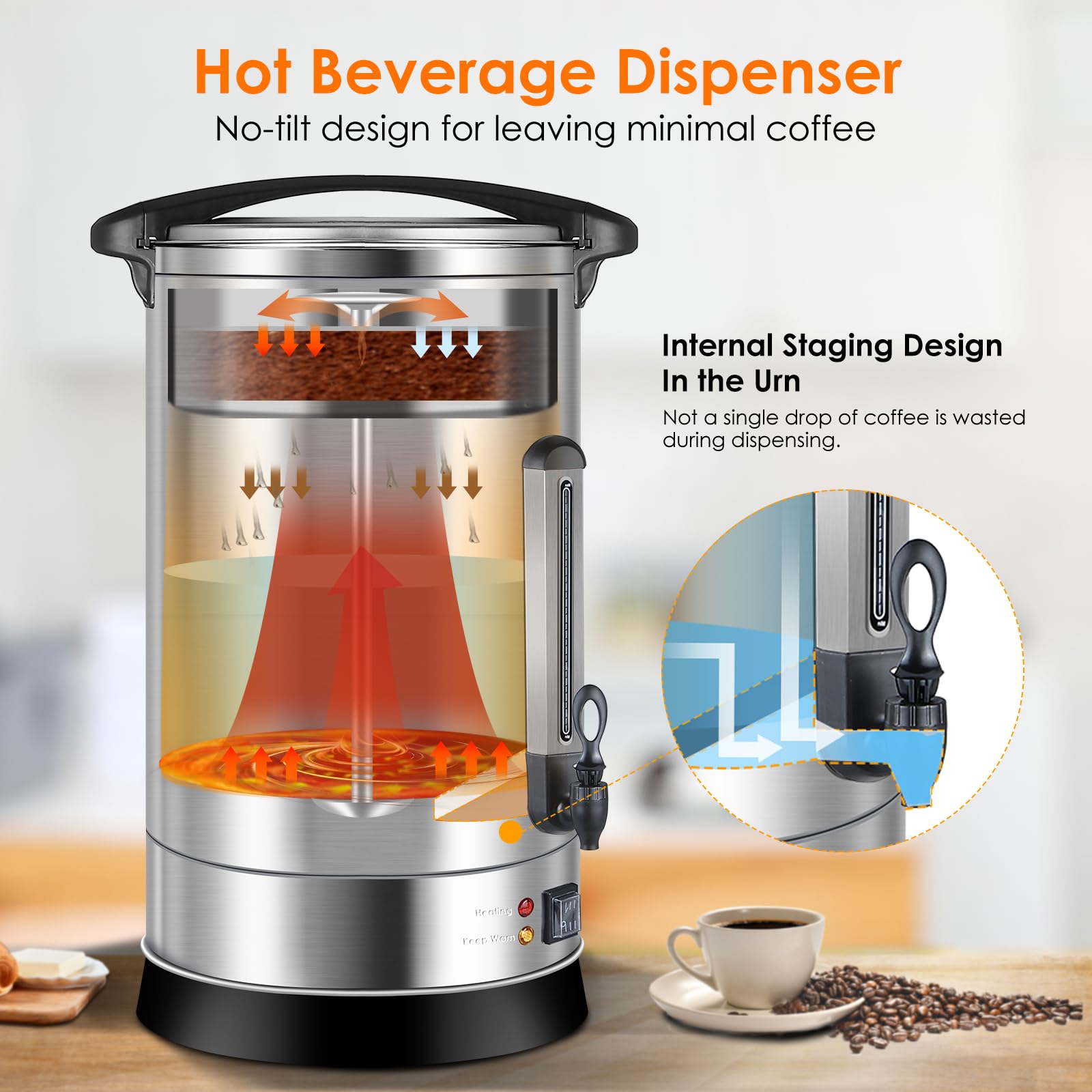 Homtone percolateur à café 120 tasses/18L à double paroi, percolateur industriel avec filtre rond et robinet, distributeur d'Eau Chaude pour Café, Thé, 1500W (Argent)