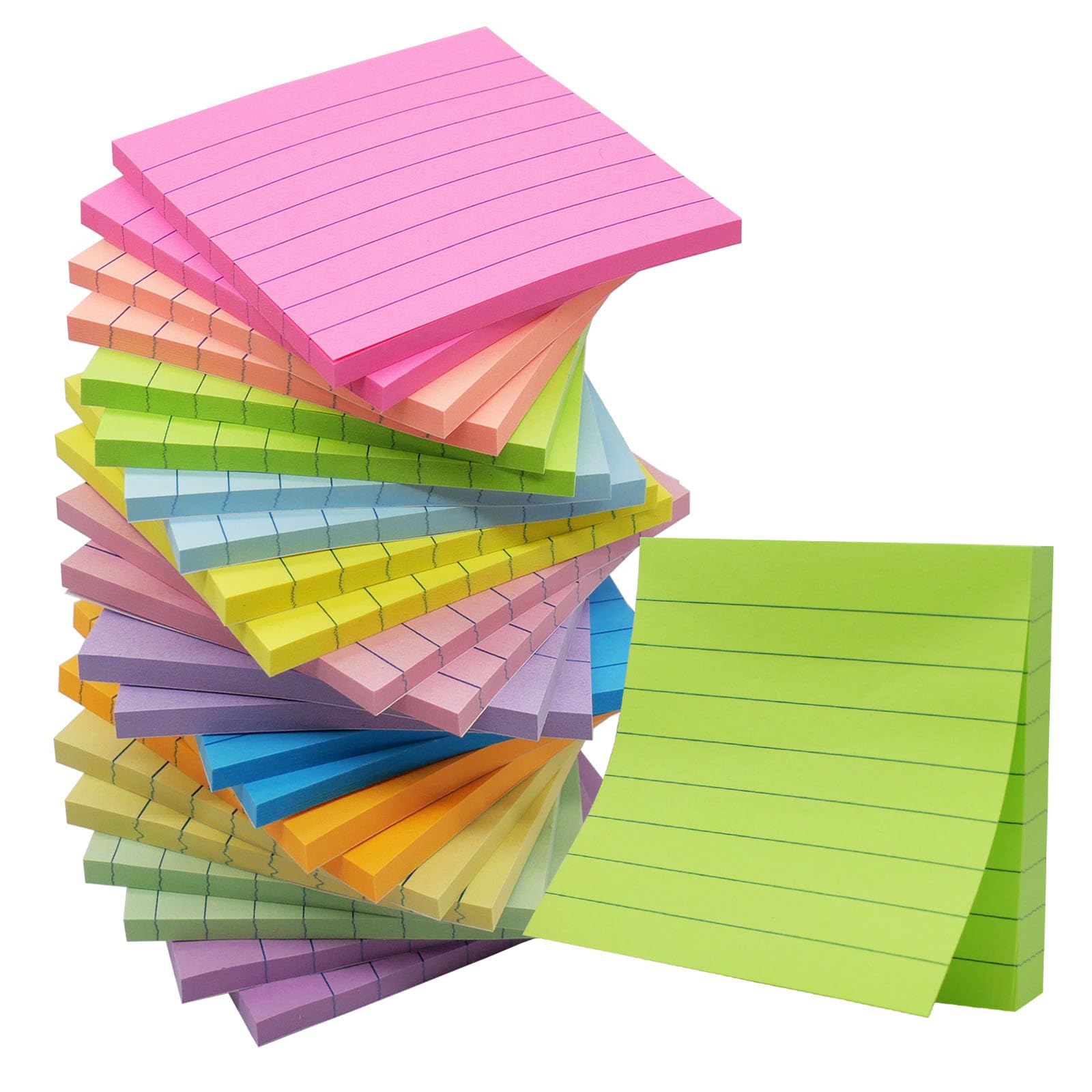 (24 Pack) Lined Sticky Notes 3x3 in Post Ruled Stickies Super Sticking Power Memo Pads,12 Bright Multi Colors Sticky Notes with Lines Self-Stick Note Pads