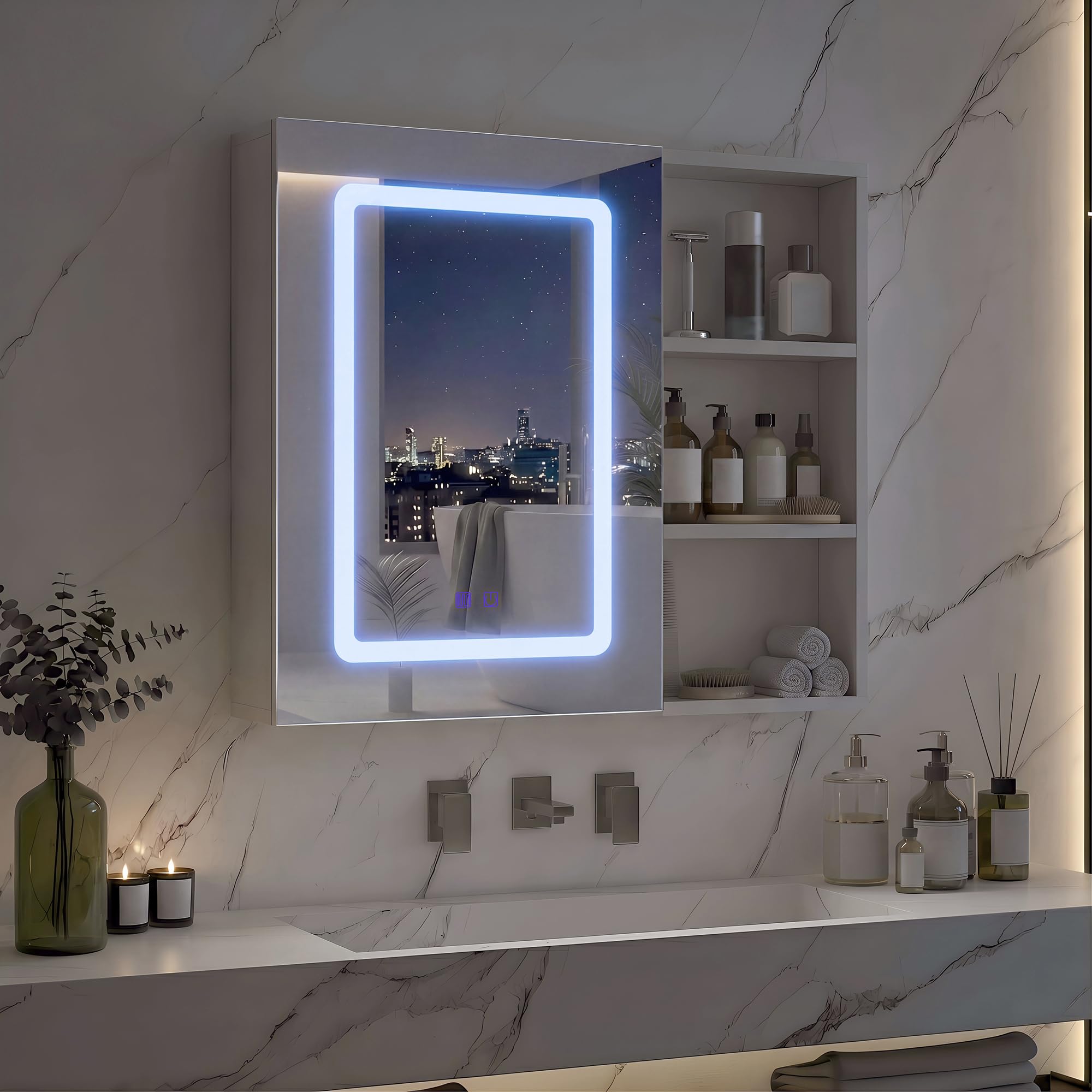 DULRLLY Spiegelschrank Bad mit Beleuchtung 60 cm, Badezimmerschrank mit Spiegel 3 Farbtemperaturen, Entfeuchtungsfunktion,Verstellbare Ablagefächern, Dimmbarer Badezimmer Hängeschrank, 60x60x15 cm