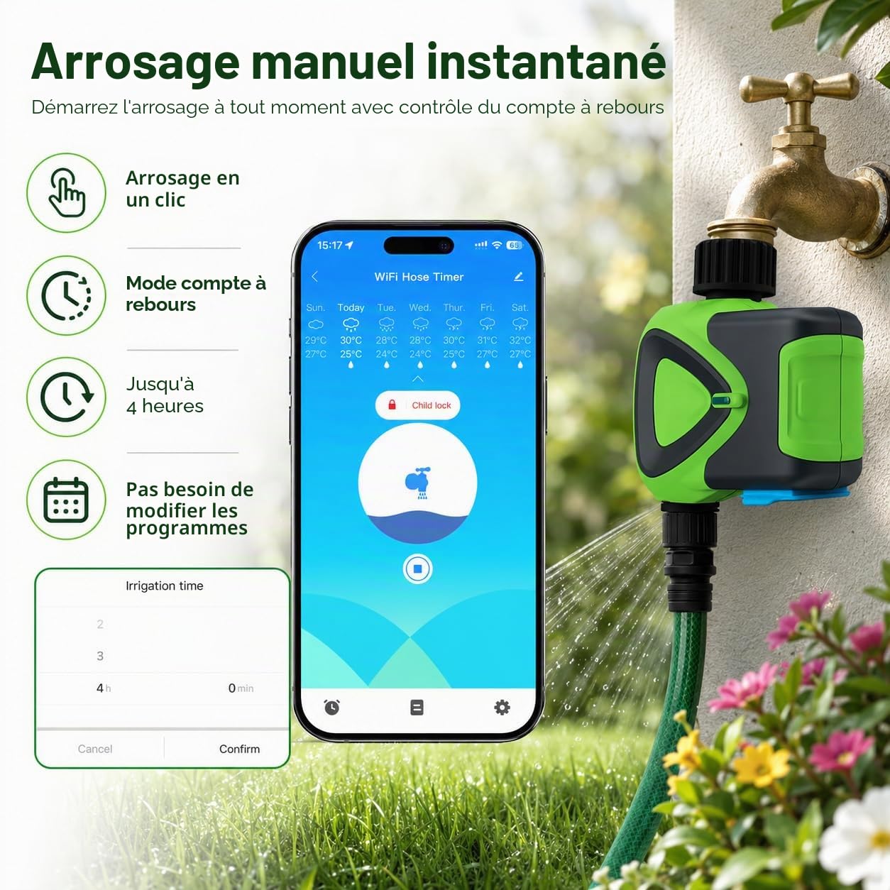 Programmateur d'Arrosage WiFi sans Hub, Minuterie d'Arrosage Connectée avec Contrôle par App 2,4 GHz, Arrosage Automatique, Compte à Rebours, Programmation, IP65 pour Jardin Pelouse Serre