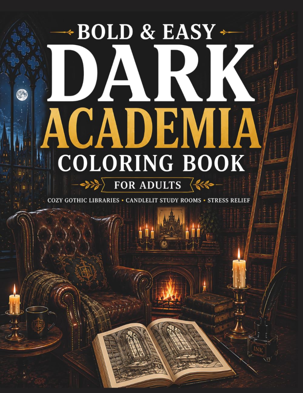 Bold & Easy Dark Academia Coloring Book for Adults: Cozy Gothic Libraries, Vintage Study Rooms, Candlelit Scholarly Scenes for Relaxation & Stress Relief