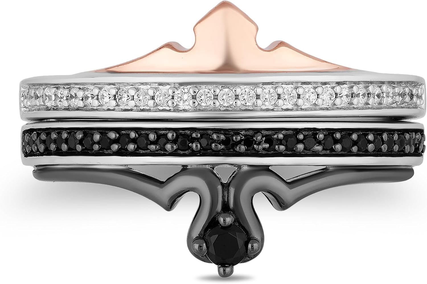 Jewelili Enchanted Disney Fine Jewelry Black Rhodium and 14K Rose Gold over Sterling Silver with 1/4 CTTW Black and White Diamond Maleficent Aurora Duo Ring