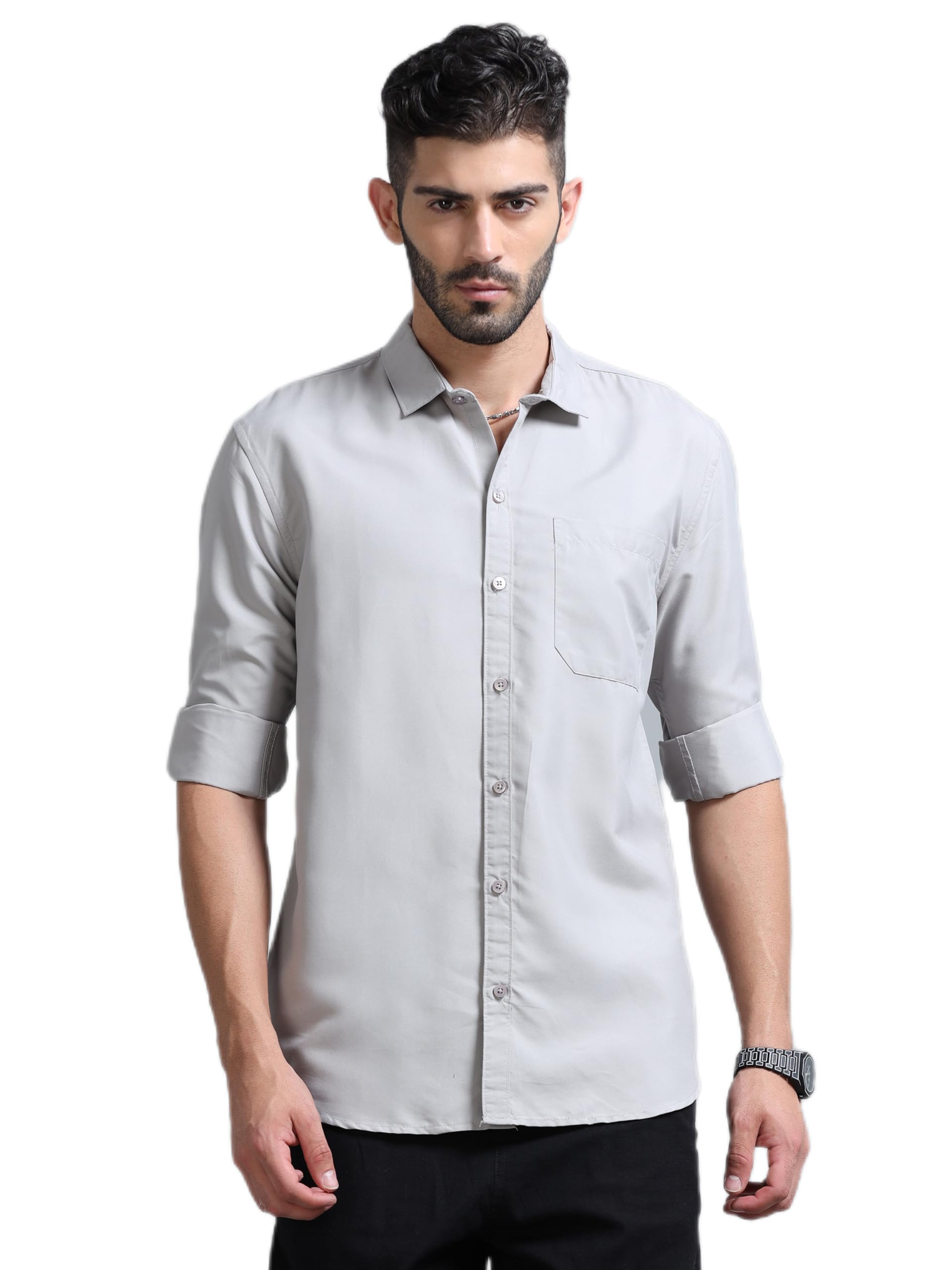 Men Slim Fit Solid Spread Collar Casual Shirt