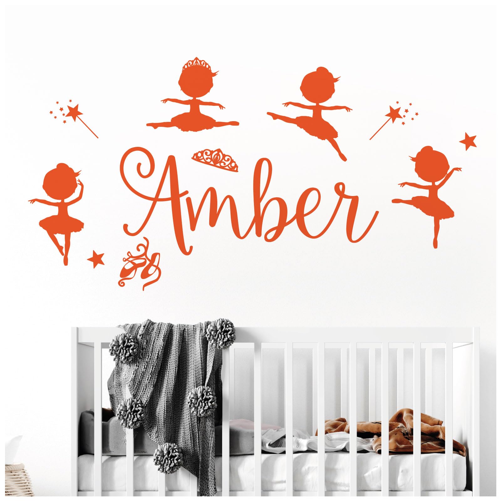 Personalised Name Girls Wall Art Sticker - Baby Ballerina Little Princess, Ballet Shoes, Wand, Star [Large] [Orange]