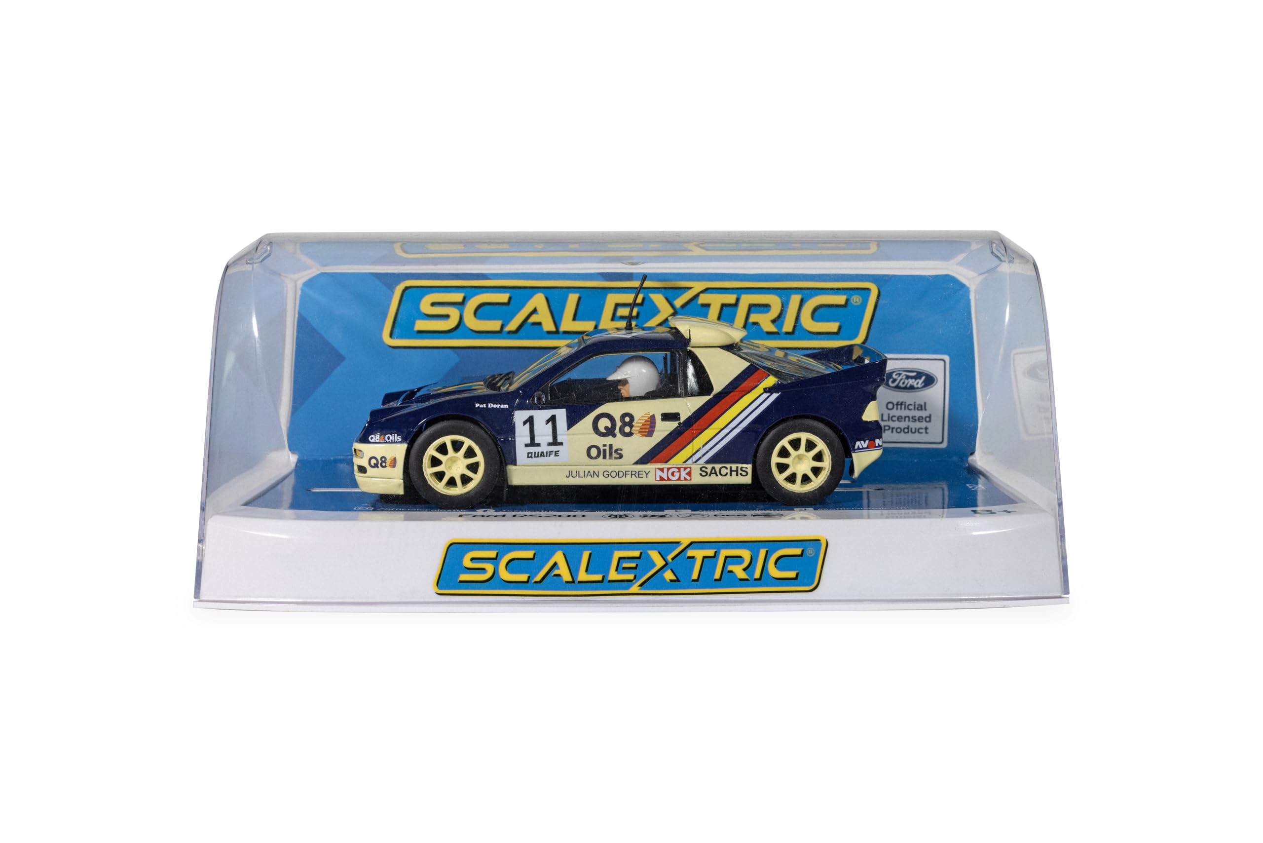 Scalextric C4667 Ford RS200 Slot Car, Pat Doran Livery, Blue and Cream, 1:32 Scale, with Magnatraction and Lights