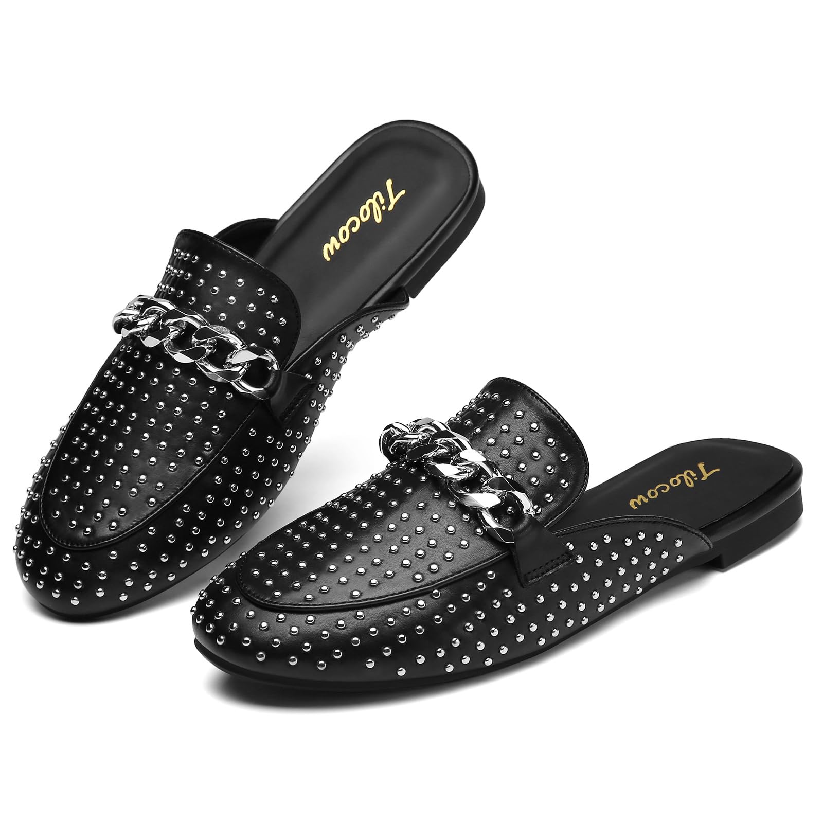 TilocowMetal Chain Decor Mules for Women Backless Round Toe Flats Rivet Slide Sandals Women Slip-on Loafers