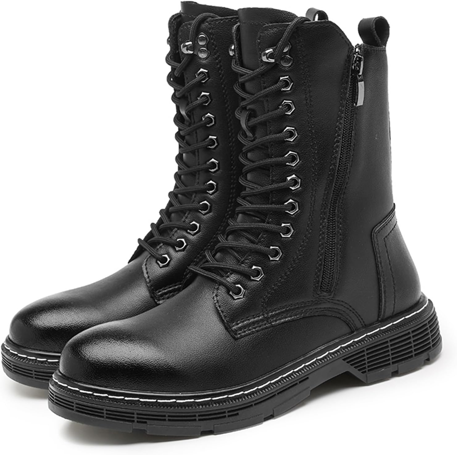 Men's Leather Vintage Lace-Up Motorcycle Boots Waterproof And Non-Slip Side Zipper Work Boots Suitable For Riding, Working, Outdoor Sports