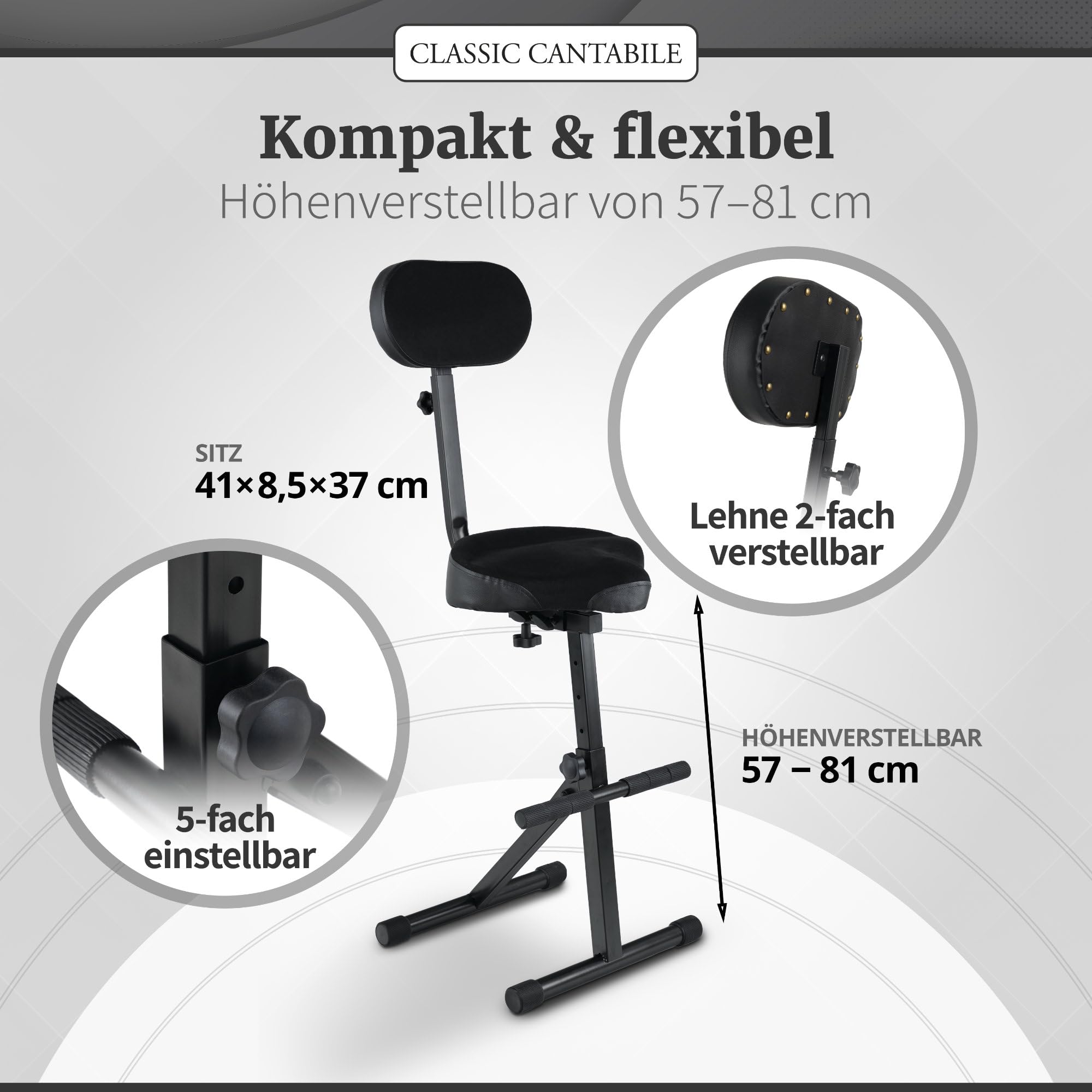 Classic Cantabile ST-200 PRO Stehhilfe, Keyboarder und DJs, Fußstütze | Massives Stahlgestell mit Gummifüßen, Sitzhöhe 5-stufig einstellbar, Lehne 2-fach verstellbar, Sitzfläche (BxHxT): 41 x 8