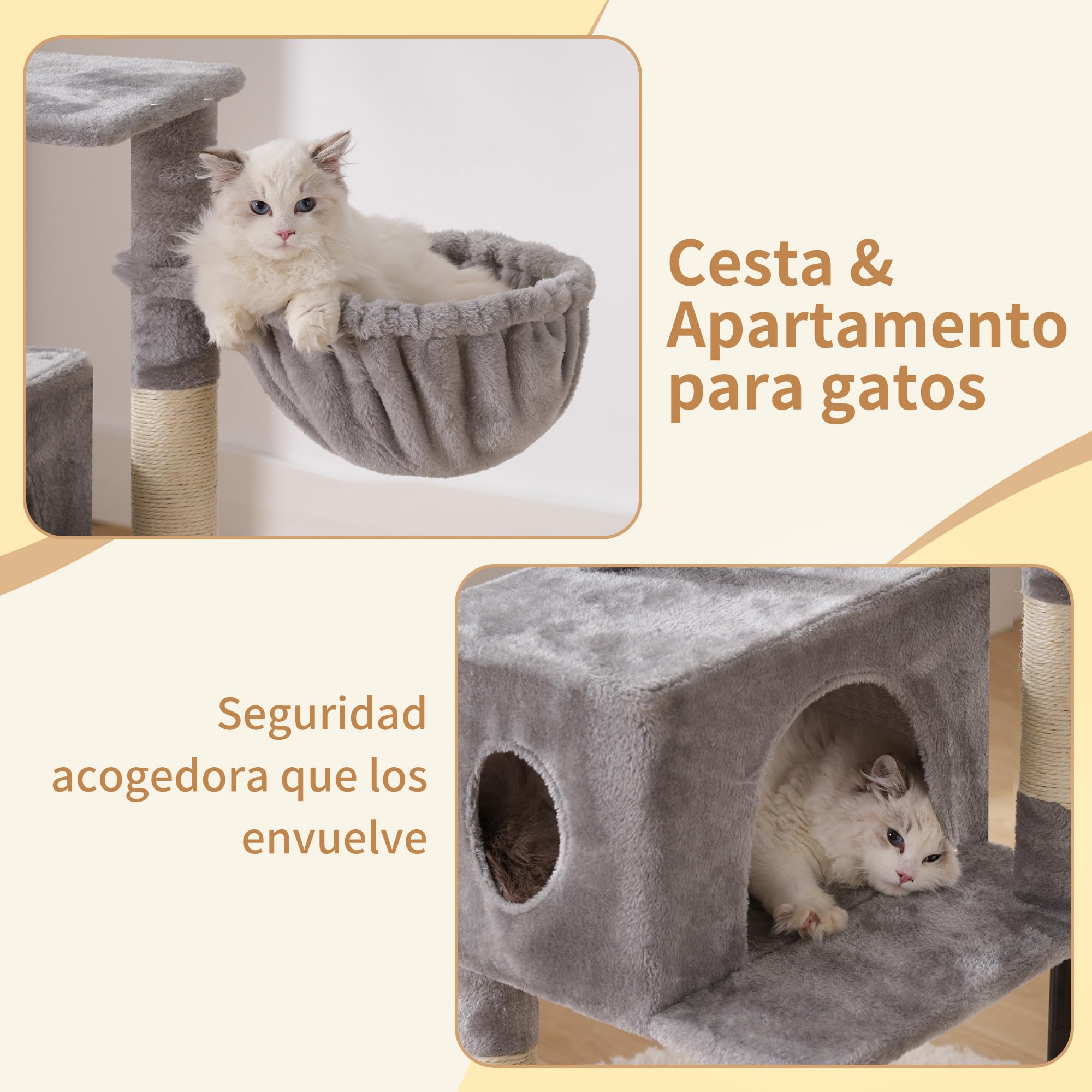 Heybly Rascador para Gatos, Árbol para Gatos De 125 Cm, Torre De Gato Espaciosa Y Cómoda con Guarida, Dos Grandes Plataformas, Cesta, Robustos Tubos De Acero, Gris Claro HCT200SW-
