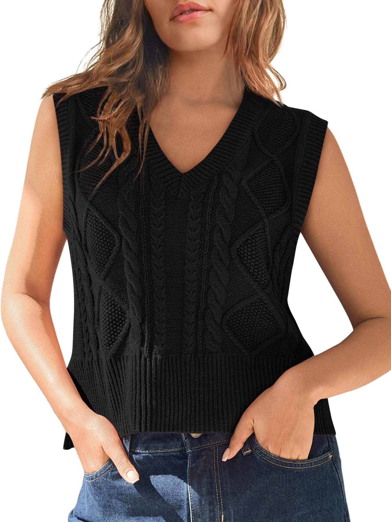 Tongmingyun Pullunder Damen Ärmellos V-Ausschnitt Strick Pullover Basic Strickweste Einfarbig Tank Top für Business Freizeit Sweater Weste Frauen