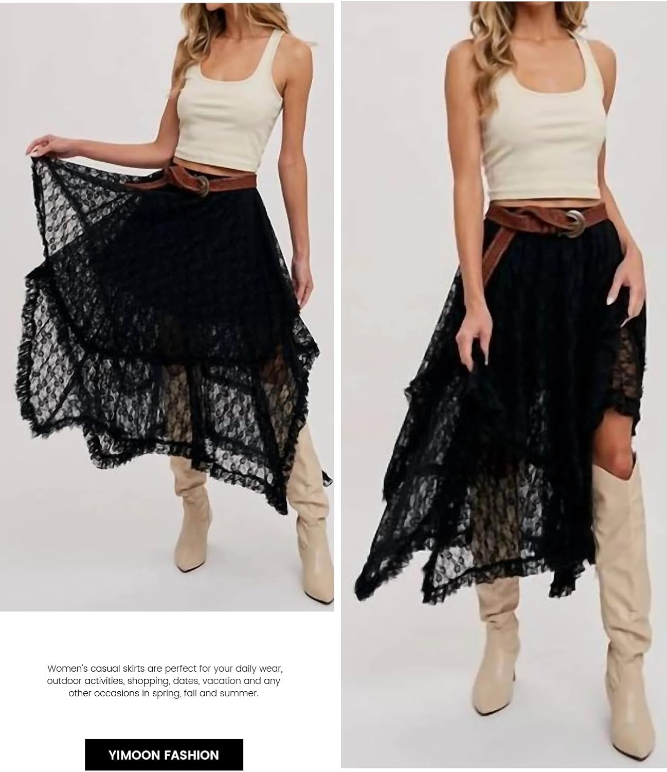 Yimoon Lace Skirts for Women Flowy Boho Maxi Skirt Elastic Asymmetrical Layered See-Through Long Skirt - Image 5