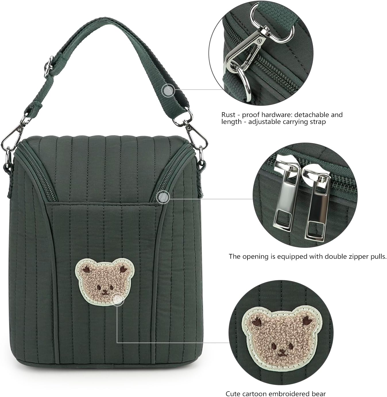 Lmbabter Embroidered Bear Stroller Organizer Tote Bag, Bottle Insulation Pouch, Portable Cooler Storage Essential for Milk/Breast Pump,Baby Travel Supplies (Green)