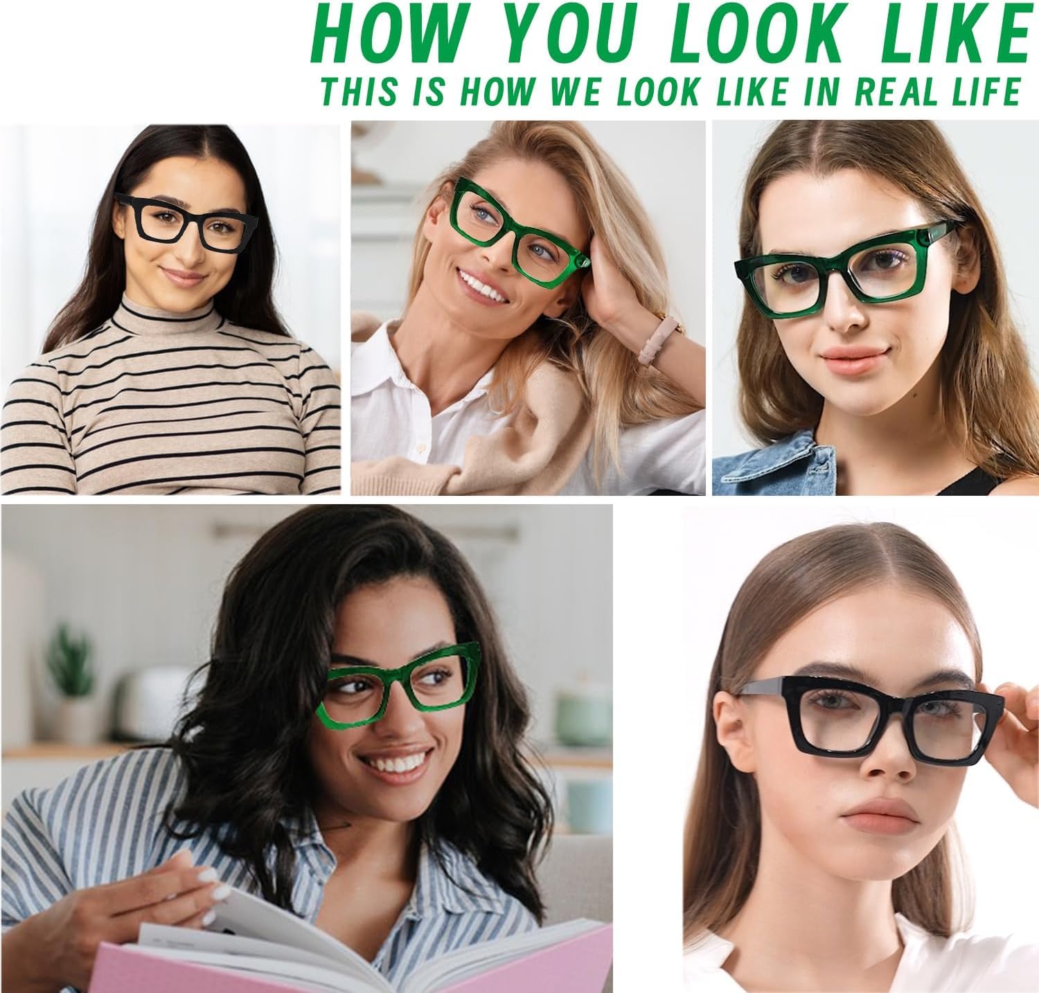 Hubeye Gafas de lectura para Mujeres de Moda Anteojos de lectura con Bisagra de resorte ultraligeras anti luz azul (Negro+Verde, 2.50) — view 5