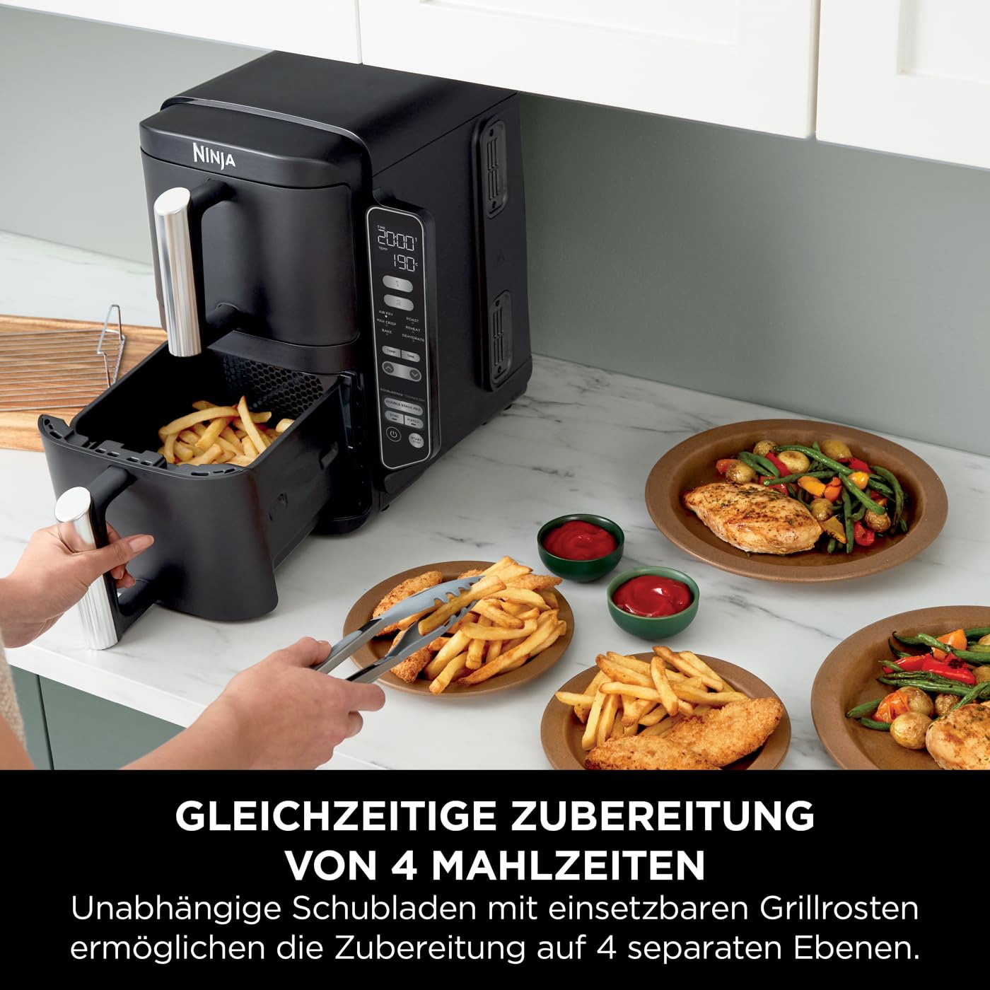 Ninja Double Stack Heißluftfritteuse, 7,6L Digitale Air Fryer Doppelkorb mit 4 Kochstufen, 2 Schubladen, 2 Gestelle, Platzsparendes Design, 6 Kochfunktionen, 6 Portionen, Schwarz SL300EU