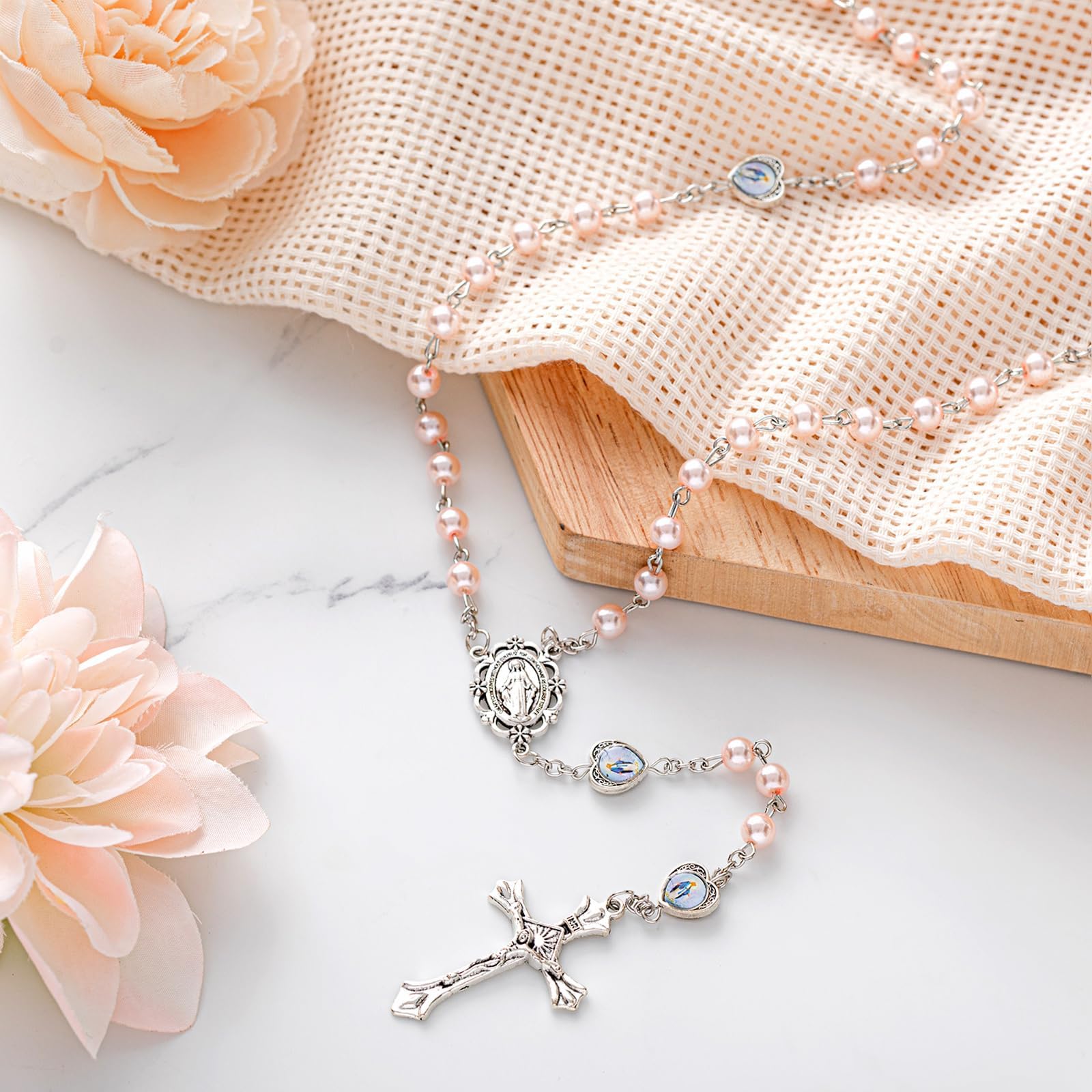 Collana Rosario Cristiano con Croce retrò, Catena Lunga di Perline Preghiera per Battesimo Comunione Matrimonio