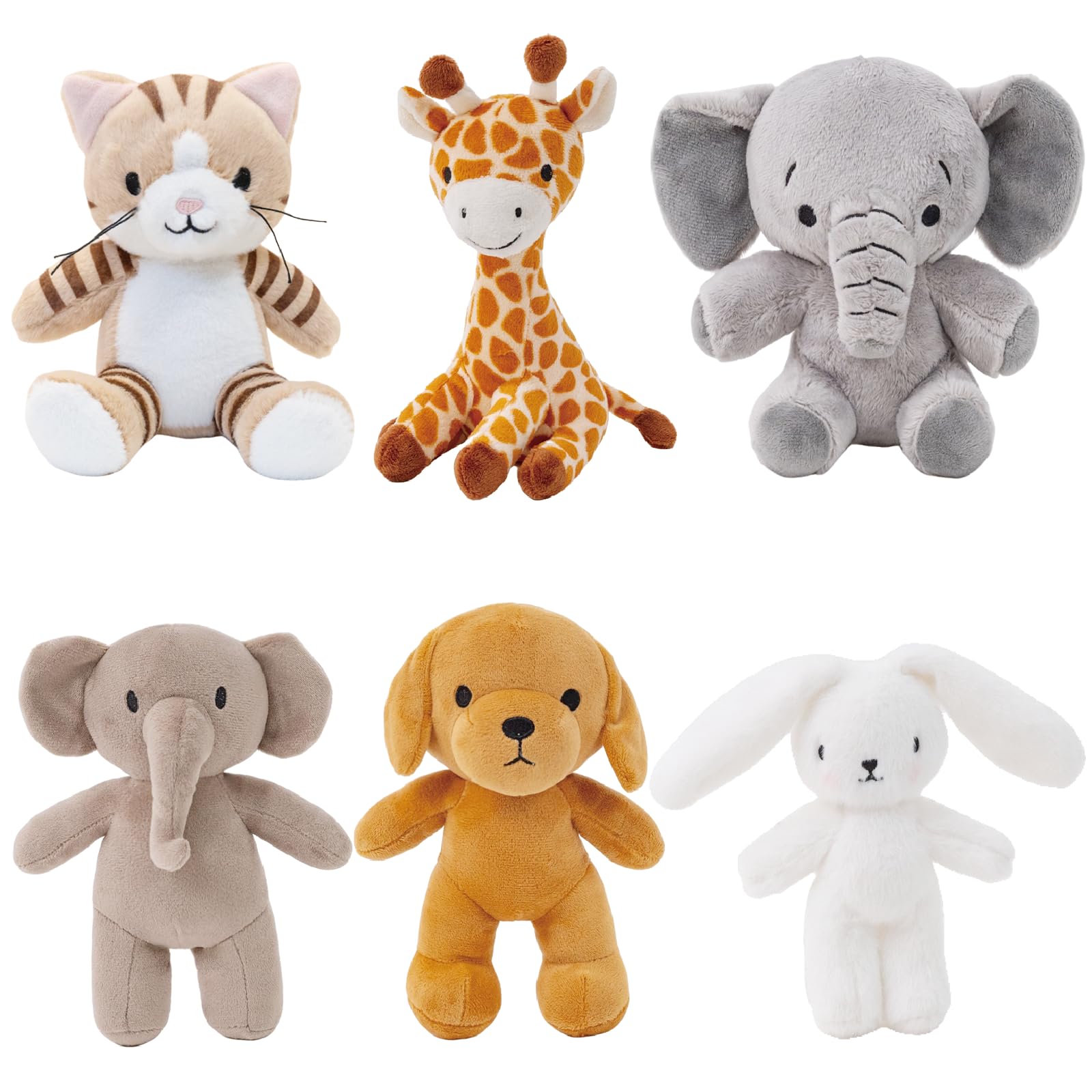 AmyToo 6 Pcs Stuffed Animals Bulk, 8 Inch Small Stuffed Safari Animals, Zoo Stuffed Animals Set (Cat Dog Elephants Giraffe Bunny) Baby Shower Party