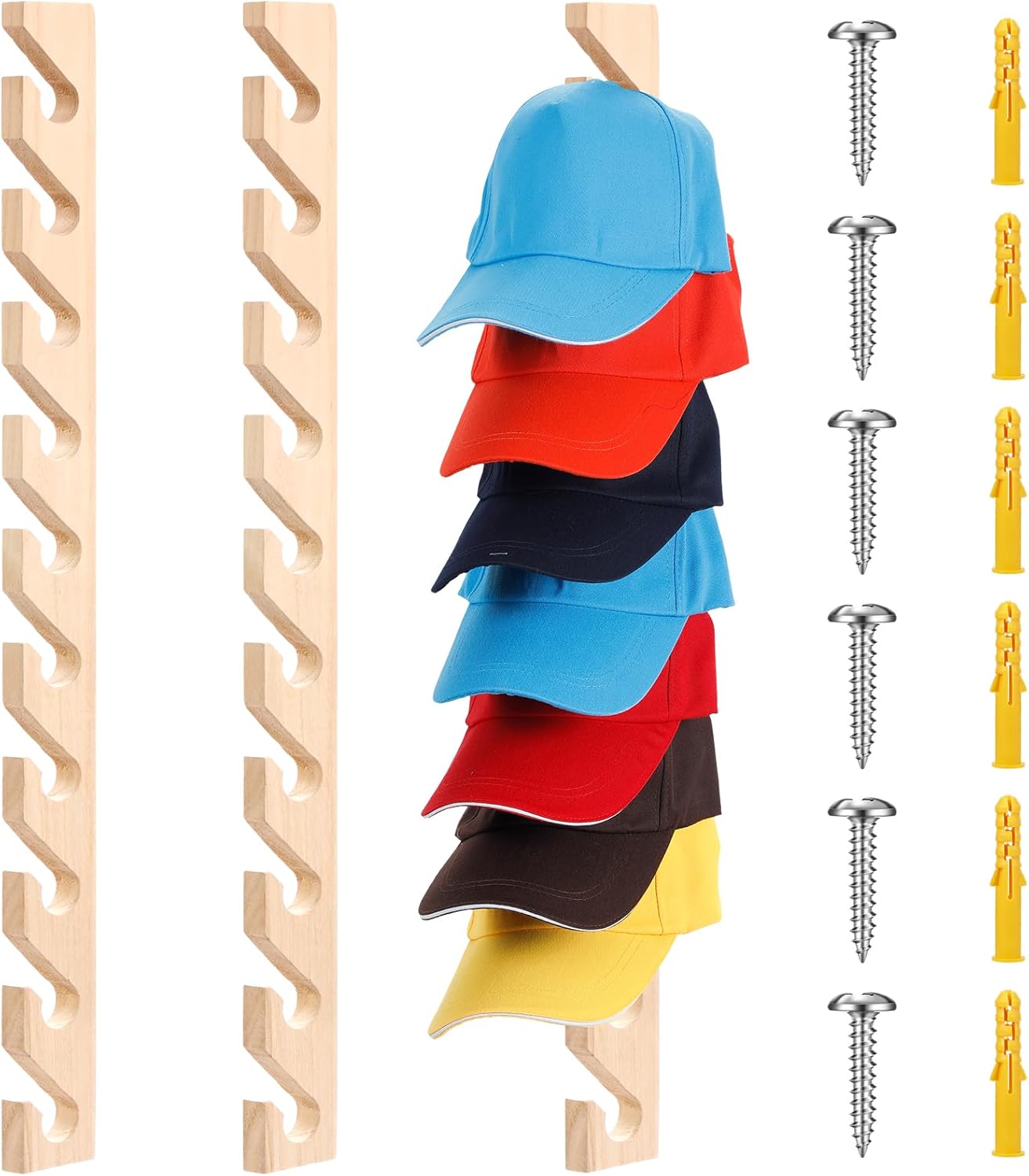 BBTO 3 Pack Wooden Hat Rack for Baseball Cap Wall Mount Hat Racks 30 Slot Vertical Baseball Cap Display Holder with 10 Hooks Organizer Wood Hanger for Door Entry Room Bedroom(Wood Color)