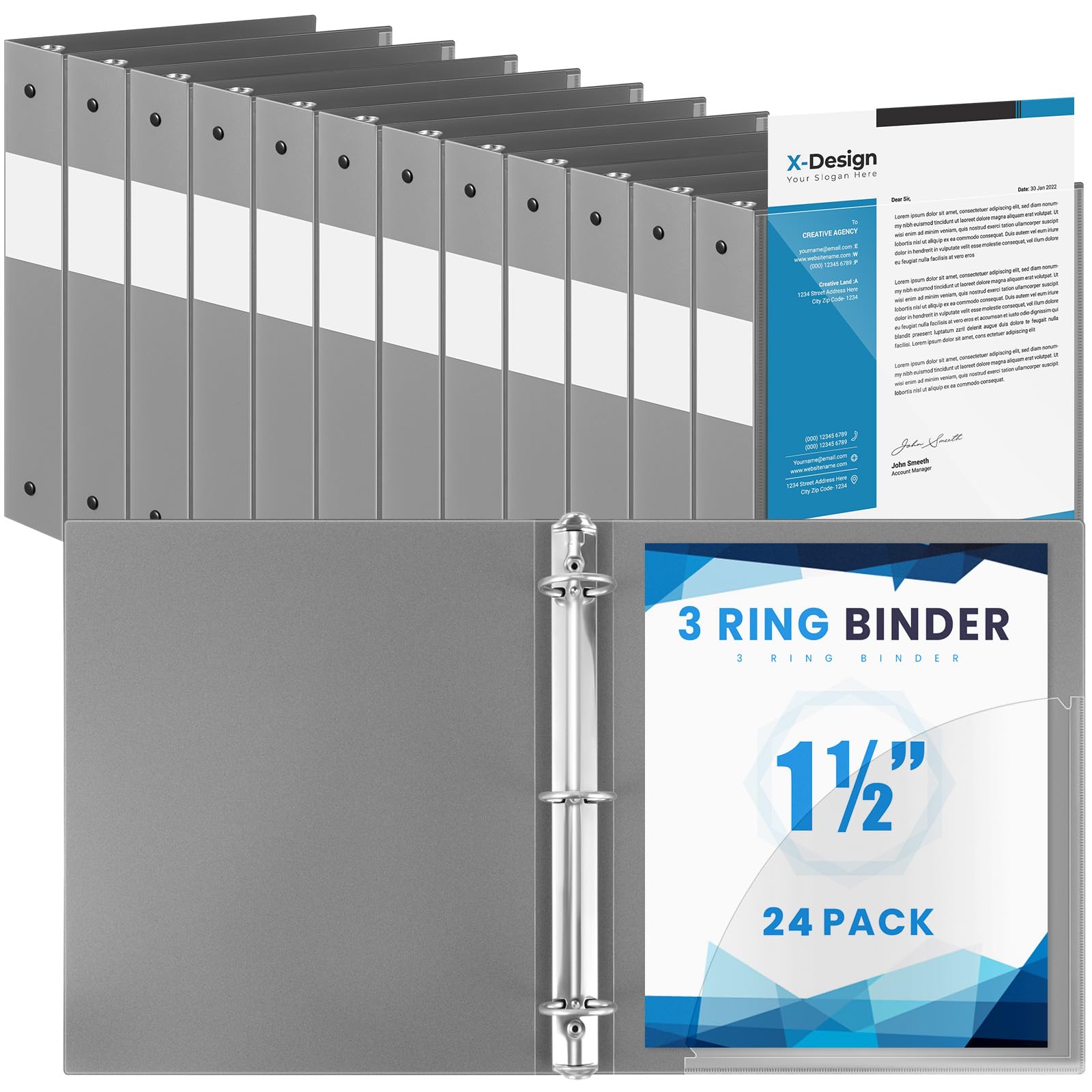 Henoyso 24 Pack 1.5 Inch 3 Ring Binder with Clear Cover Fit Letter Size 8.5" x 11" Paper Holds 350 Sheets, Bulk Binders for Organizing School, Office & Classroom Documents, 1 Pocket (Gray)
