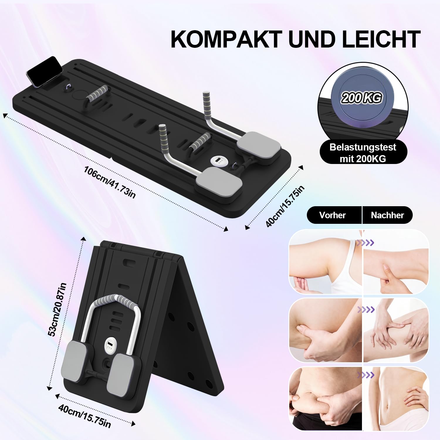 Multifunktional Pilates Board für Zuhause, Mini&Faltbarer Pilates Reformer Homegym(100+Ubungen), 10 in 1 Pilates Set für Ganzkörpertraining&Bauchtrainer, Brett 200KG inkl Automatisches Rebound