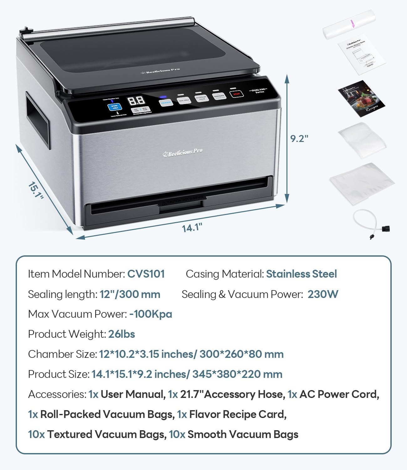 DualCore CVS101 Large Chamber Vacuum Sealer for Wet Foods, Dual Work Areas & Extra-Wide Bag Clamp, Meats & Marinades, 230W Dual-Core Dry Pump x4, 11.8-inch Max Bag Width Packing Machine for Home Use