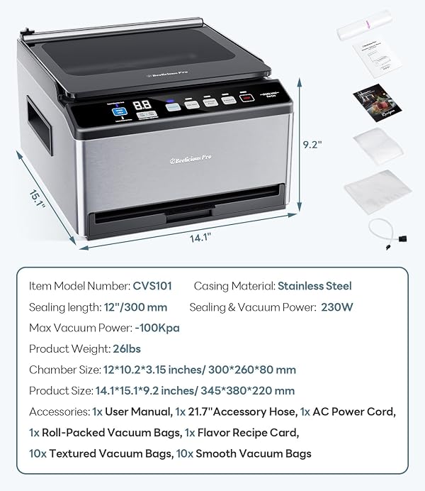 DualCore CVS101 Chamber Vacuum Sealer for Liquids & Sous Vide, 6L Dual Vacuum Zones & Extra-Wide Bag Clamp, 230W Dual-Core Dry Pump x4 by Beelicious Pro - Image 7