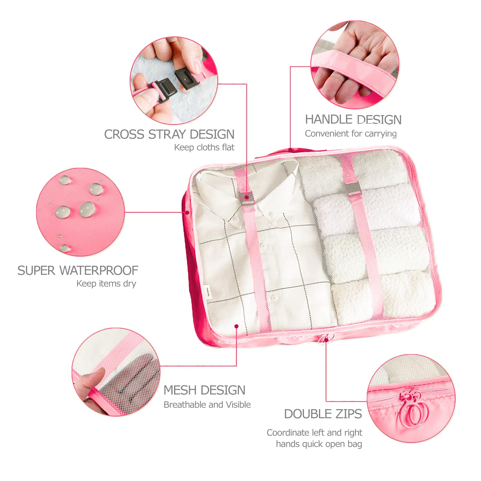 LANSKLBD 6/8 Set Packing Cubes for Suitcases Travel Luggage Packing Organizers,Travel Accessories Essentials Luggage Organizer with Shoe/Tioletry/Laundry Bag (Pink, 8 set) view 6